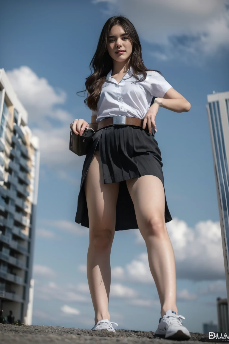 Masterpiece, the best quality, a towering Giantess 18-year-old, beautiful Thai University girl, her legs spread, white shirt, short sleeves, black pleated skirt, brown belt, lifting skirt, Highly detailed face and skin texture, Detailed eyes, Her body is lean and slender. She seems to be casually strolling through the bustling cityscape. Clouds roil around her, realistic, giantess, GTS, giantess girl, looking at viewers, shy red face, show mini panties, white mini panty showing, (crowd of people), Allen than buildings, (full body), Giants, city perspective is from the below, (shooting from directly below the front), emphasizing the power of the towering Giantess.