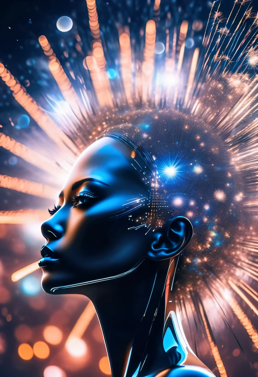 Dubrec style,Cybernetic transparent girl's face appears in the sky.The prospect of fireworks on new year’s Eve 2024,Gorgeous fireworks,(Multiple exposure 1.8),(Title close-up,2024:1.5),technology city,artificial intelligence neuron,network matrix,new year'Eve Visual Poster,Intricate poster in surreal art style,Surreal Dream new year Poster,Surreal Sci-fi new year'dream poster