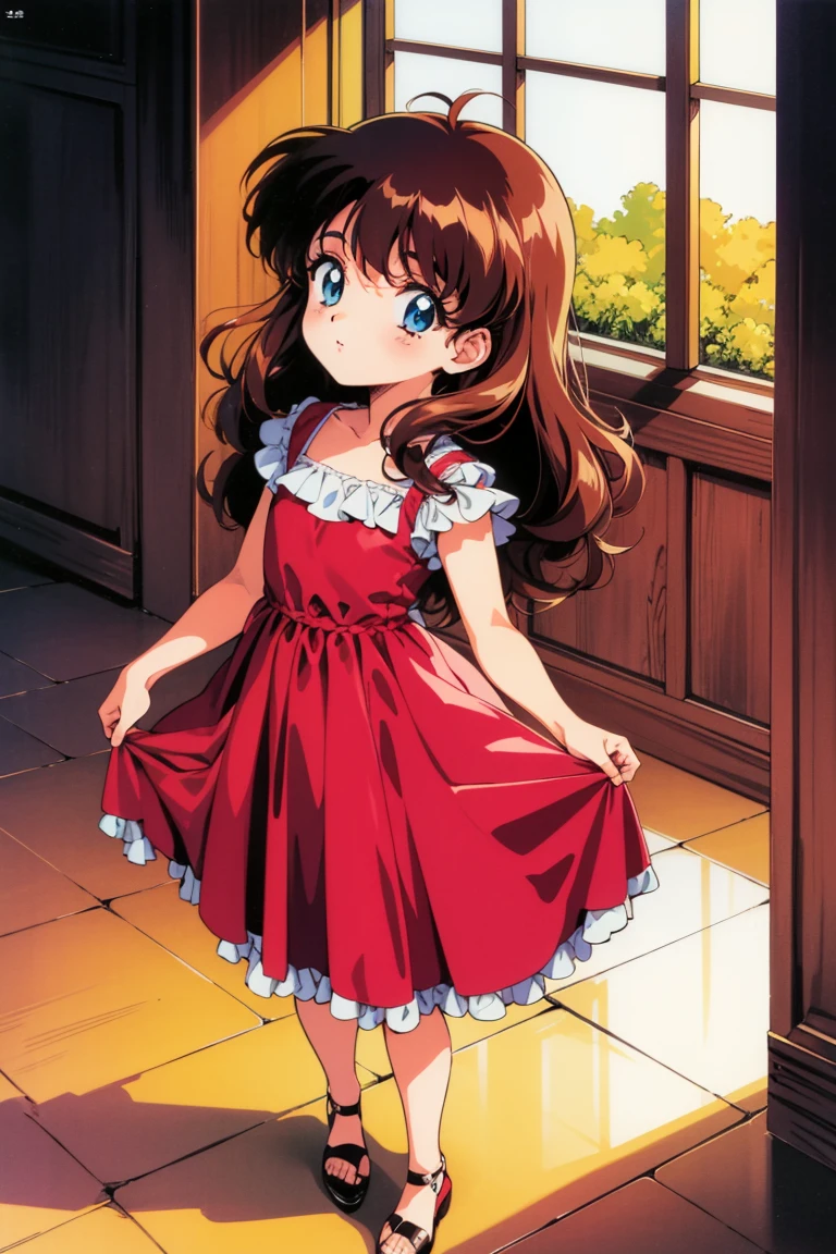 best quality, ultra-detailed, high resolution, 1990s_(style), retro artstyle, 1990s anime cels style, vivid colors, (flat color:1.2),
inside a mansion,
1girl, female, brown hair, dynamic hairstyle, wavy hair, blue eyes, big eyes, girl
dynamic clothing,
front view, standing