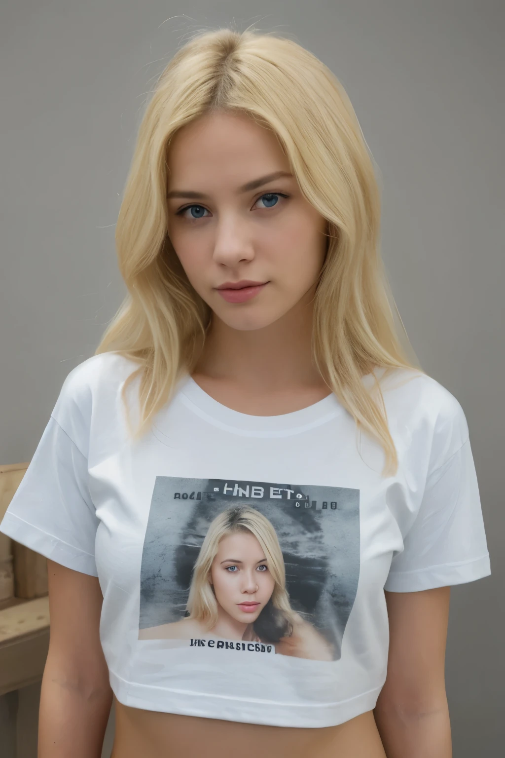 Blond hair, woman, 22 years, blue eyes, t-shirt