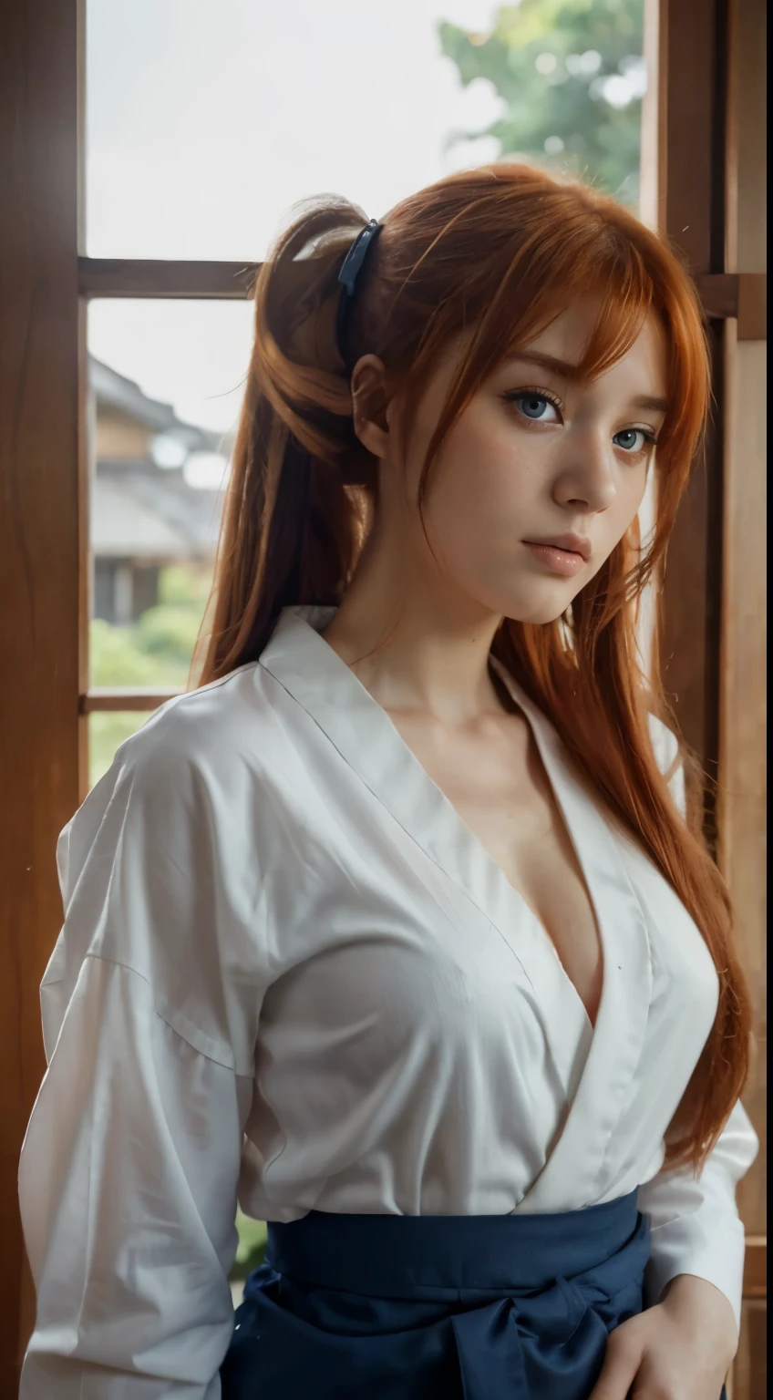 (best quality), high resolution,Asuka Langley Soryu, Beautiful Pretty Mixed German Babe, (Beautiful face), sexy lips, Auburn Twin Tails Ginger Hairs, intense gaze, dark blue detailed beautiful eyes, combine realism and anime influence, (dynamic pose), traditional japanese kimono, white v neck shirt, editorial photoshoot, standing in tatami