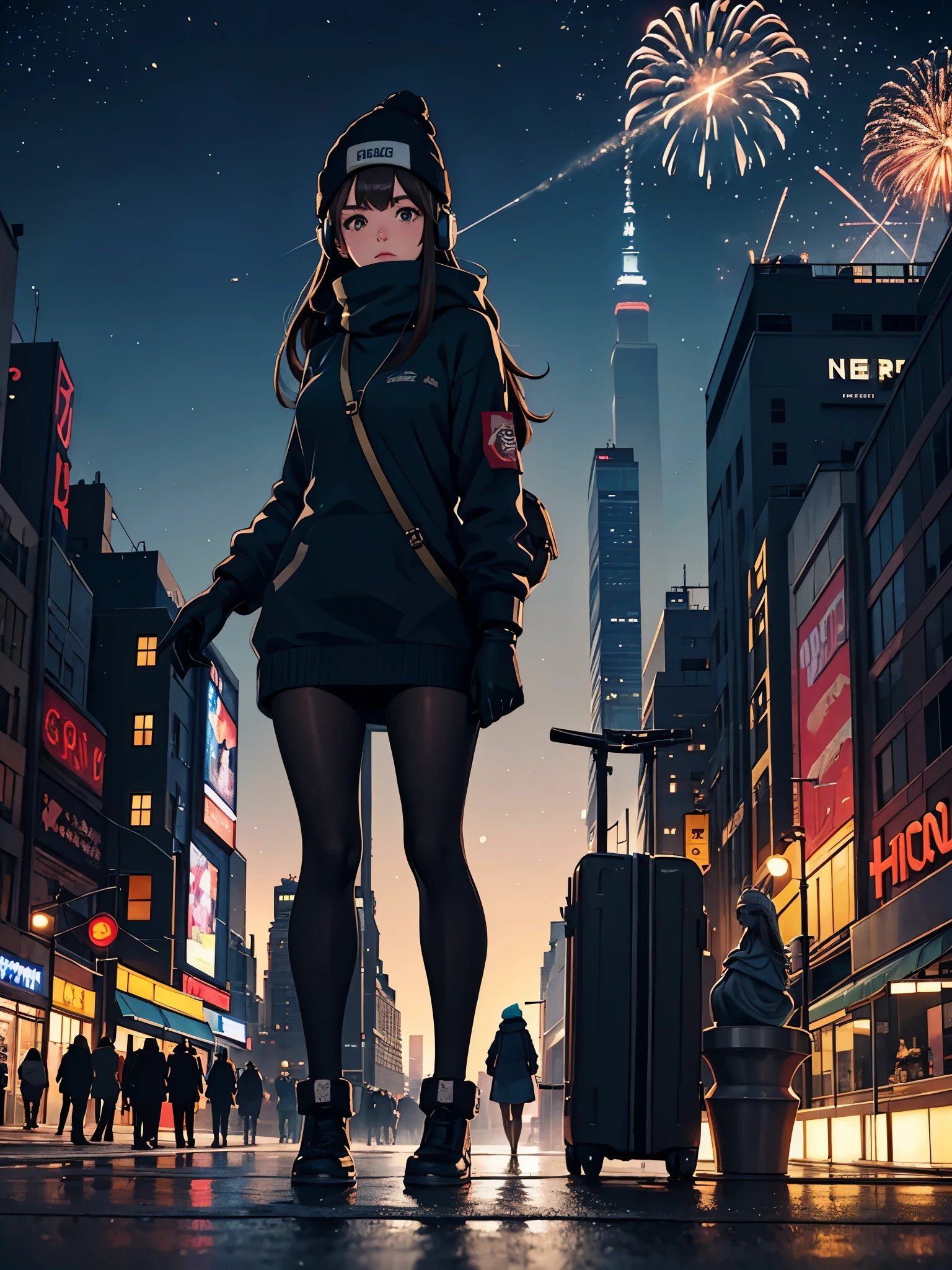 lofi relaxed one brunette girl with headphones walks in streets of NYC. (helicopter) in roof of building. winter night. beautiful landscape of NYC with statue of liberty, fireworks, in night sky. travel. tourist. sweater, gloves, winter hat. long hair. new year eve