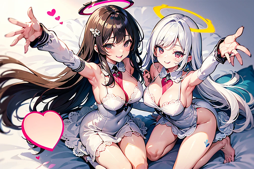 angel　Seduction poses　　　kawaii faces　Smiling face　　heart mark　halo　pope Dresses　Pose with open arms　Angle from above　Blushing face　Heavy sigh　Pose with tongue sticking out　on the beds　Lying down　Full body