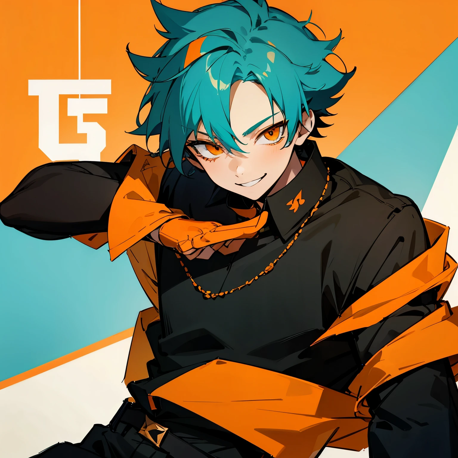 1 boy, Turquoise hair, orange eyes, black cloth, handsome, 15 years old kid, wearing uniform, orange eye liner, smiling