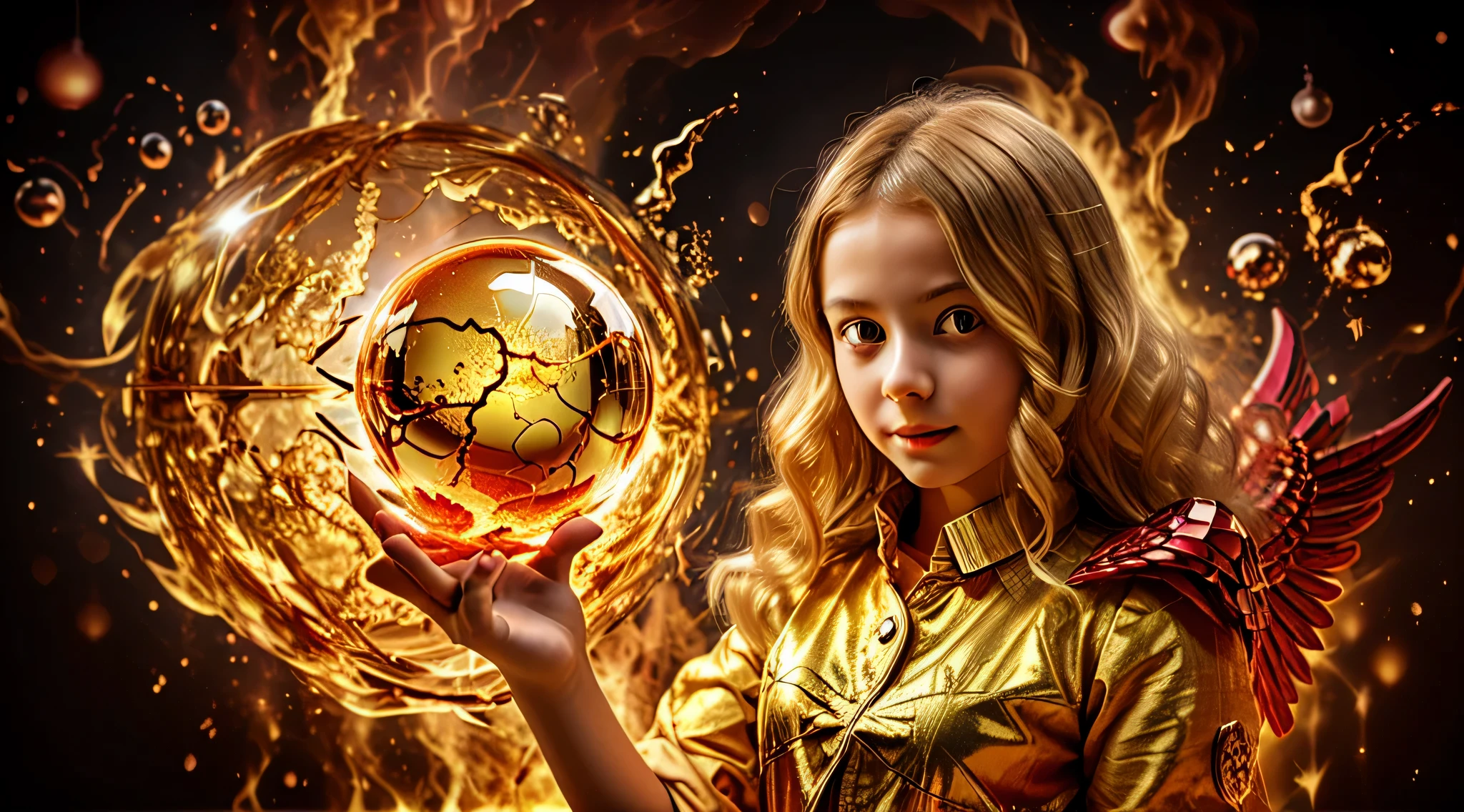 BLONDE CHILDREN GOLDEN ANGEL GIRL with a flaming crystal ball in her hand. fundo vermelho