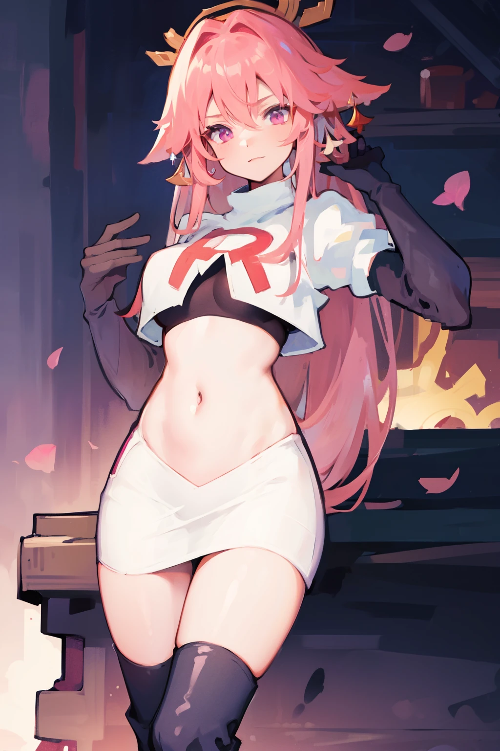 ((masterpiece, best quality)),8k ,Yae miko,1girl, \n/, animal ears, breasts, earrings, flower, fox ears, gem, hair between eyes, hair ornament, jewelry, long hair, medium breasts, miko, pink eyes, pink flower, pink hair, purple gemstone, sidelocks,team rocket,team rocket uniform,white skirt,crop top,black thigh-high boots,black elbow gloves,