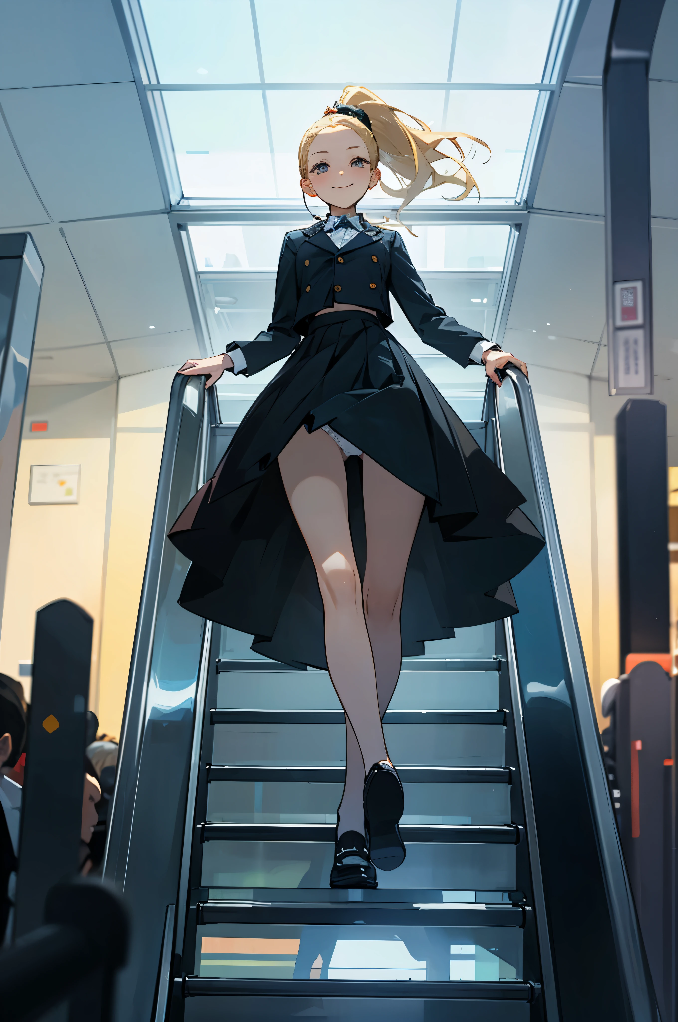 A woman standing in a glass elevator。Underpants .lift up skirt.from the outside.Evil smile. Forehead.Ponytail.From below. Blonde hair.through the glass wall.(crowded on the escalator).masutepiece. High quality