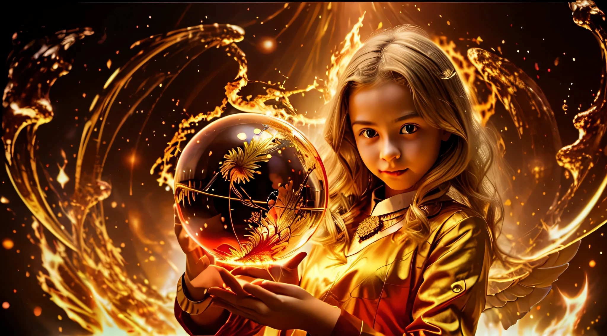 BLONDE CHILDREN GOLDEN ANGEL GIRL with a flaming crystal ball in her hand. fundo vermelho