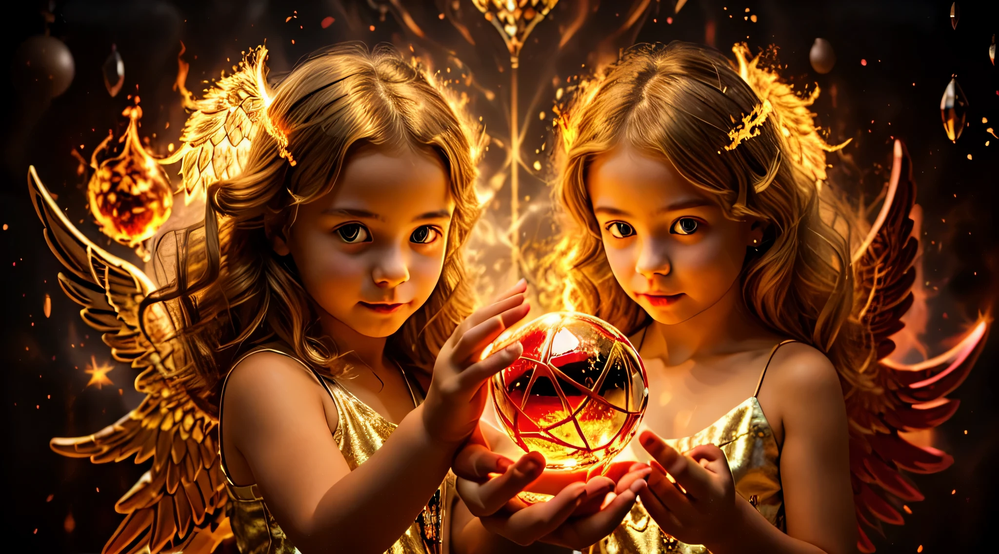 BLONDE CHILDREN GOLDEN ANGEL GIRL with a flaming crystal ball in her hand. fundo vermelho