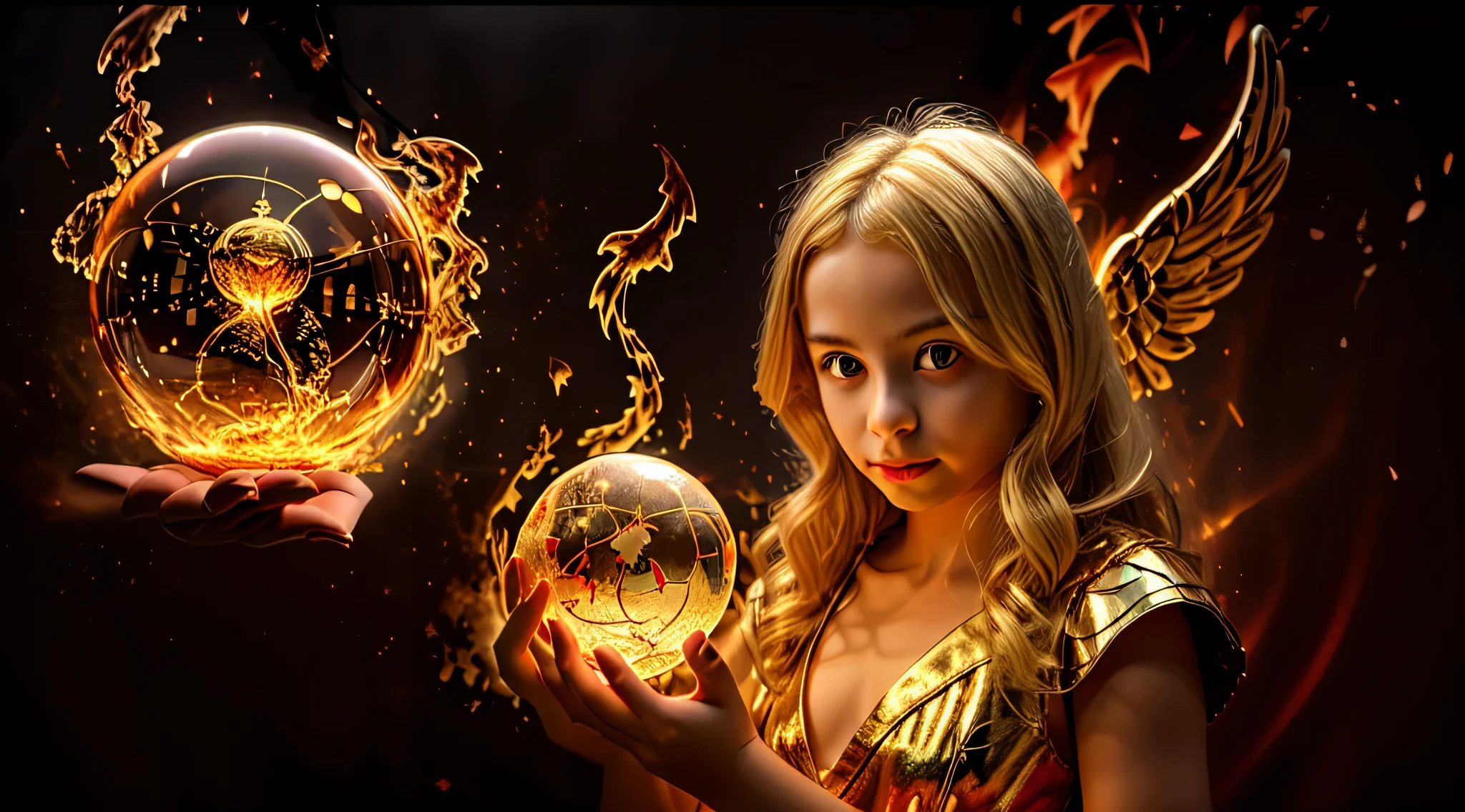 BLONDE CHILDREN GOLDEN ANGEL GIRL with a flaming crystal ball in her hand. fundo vermelho