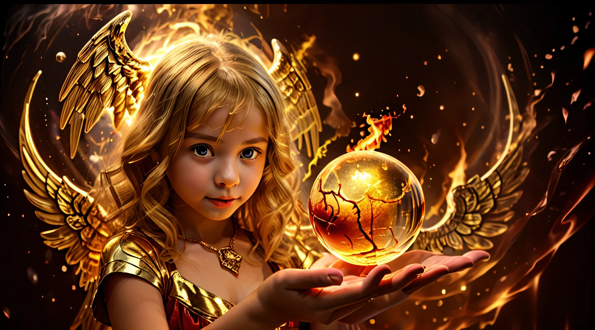 BLONDE CHILDREN GOLDEN ANGEL GIRL with a flaming crystal ball in her hand. fundo vermelho