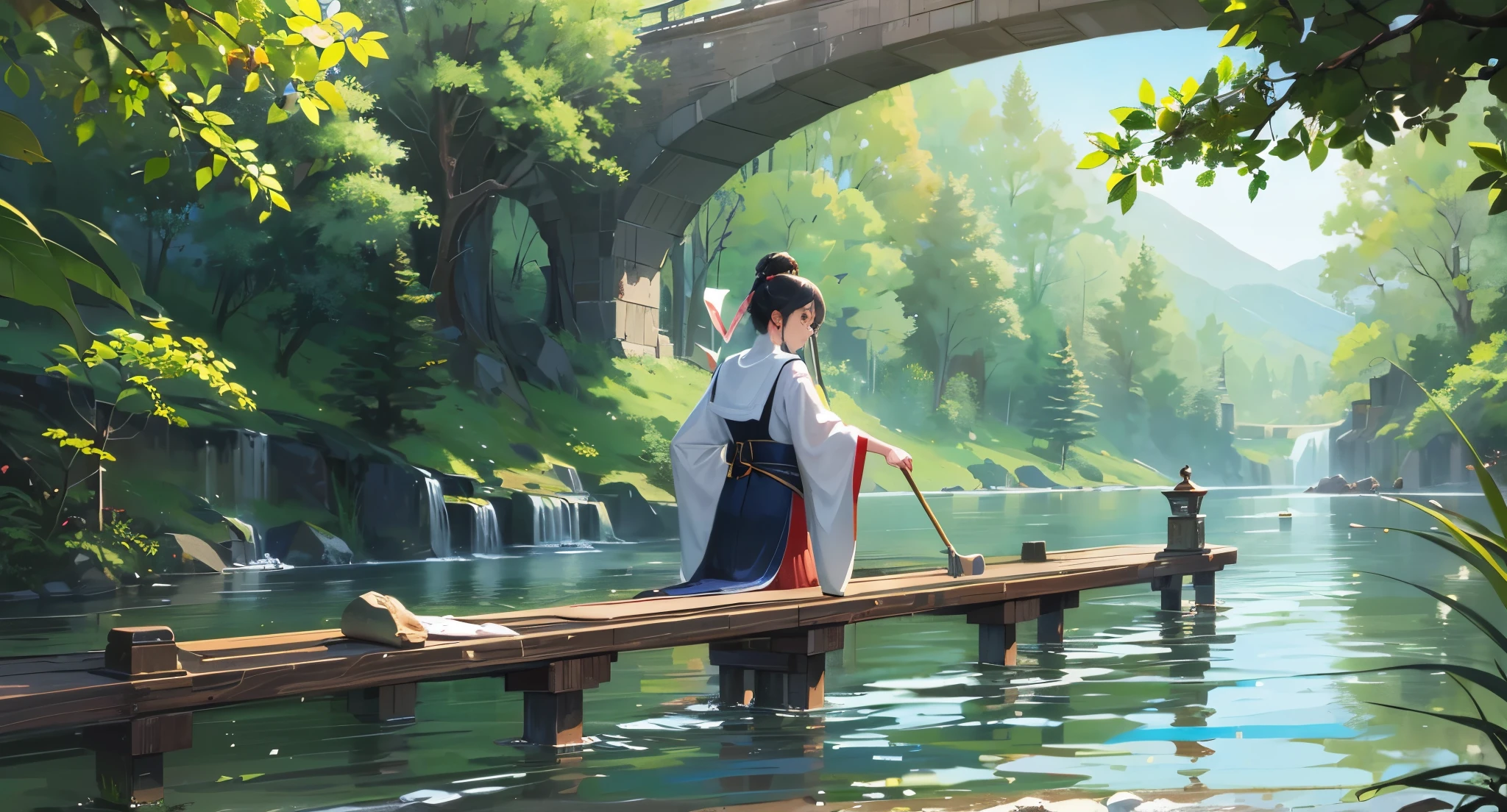 your name screen style,There is a very deep river,There are many tall blue and white porcelain vases inside,The water is very clear,There is a bridge,There is a Taoist priest standing above looking into the water,The sky is blue,The weather was nice --auto --s2