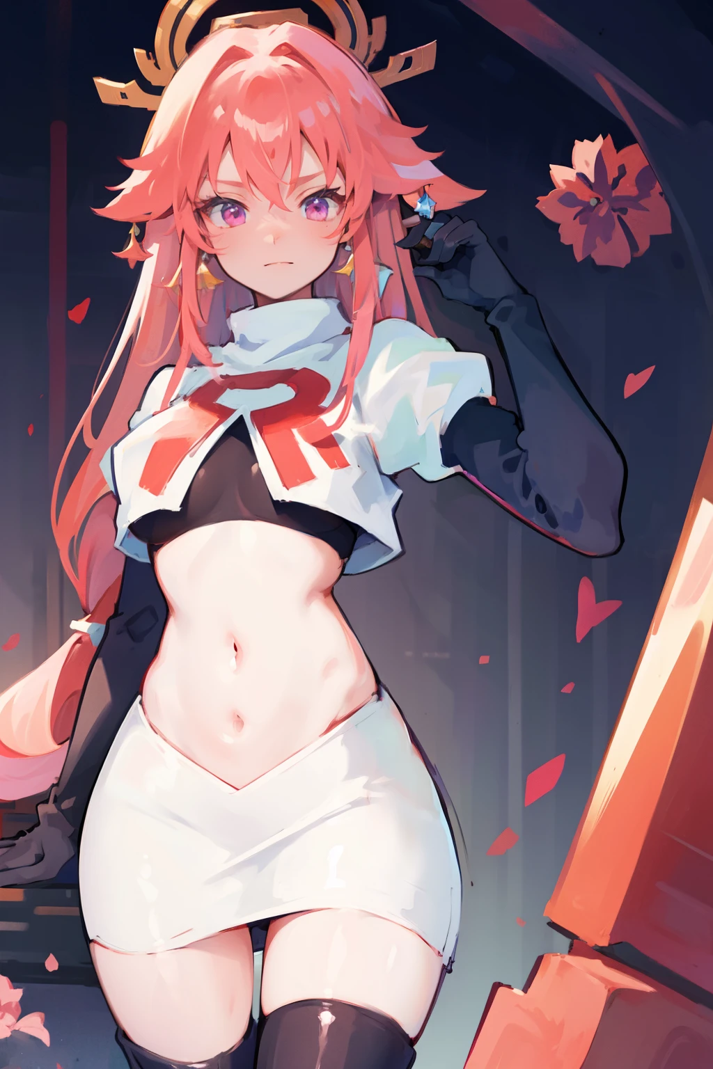 ((masterpiece, best quality)),8k ,Yae miko,1girl, \n/, animal ears, breasts, earrings, flower, fox ears, gem, hair between eyes, hair ornament, jewelry, long hair, medium breasts, miko, pink eyes, pink flower, pink hair, purple gemstone, sidelocks,team rocket,team rocket uniform,white skirt,crop top,black thigh-high boots,black elbow gloves,