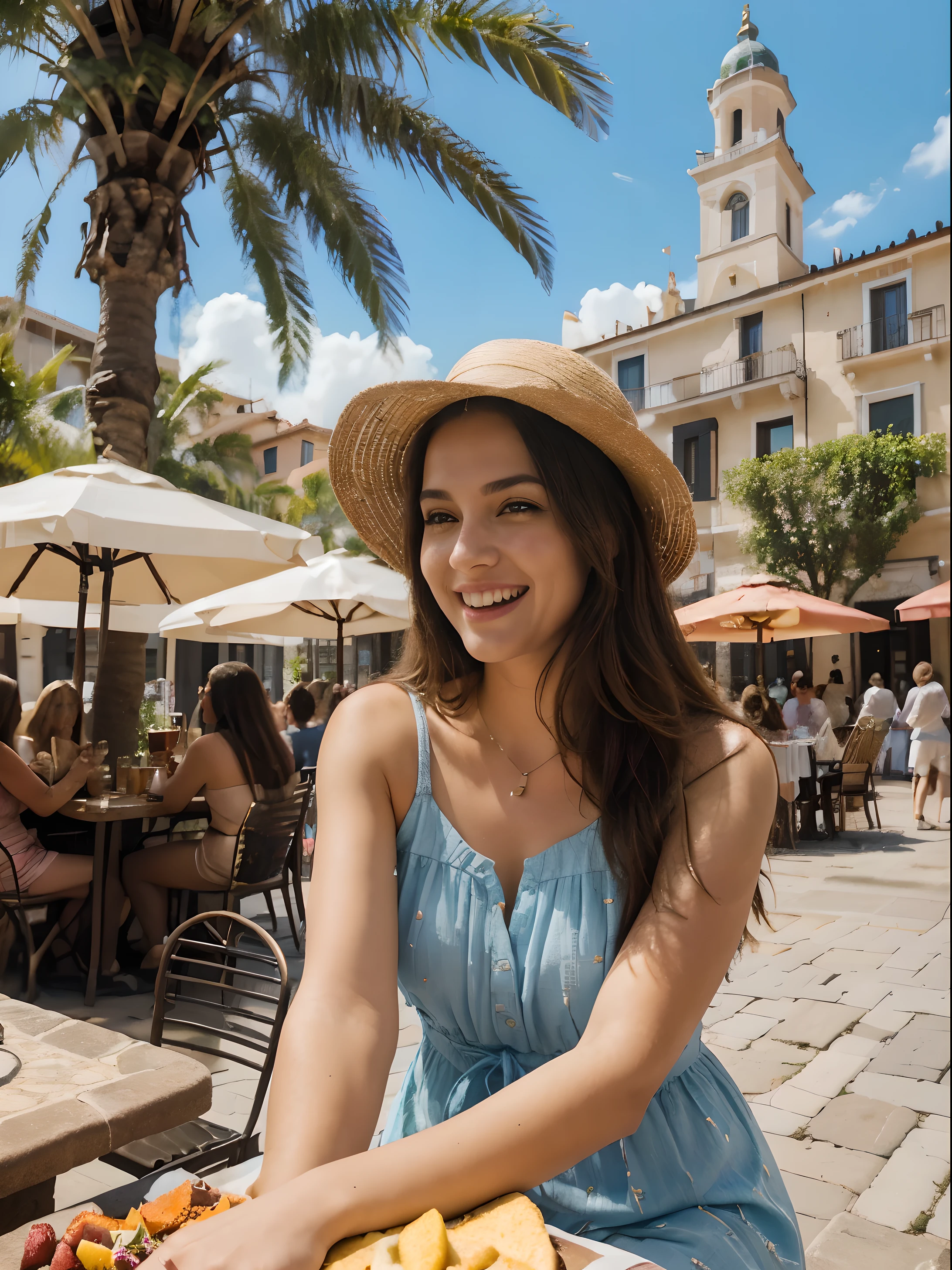 (best quality,highres,ultra-detailed:1.2), HDR, vivid colors, beautiful girl, piazza di spagna square, lively atmosphere, charming architecture, colorful flowers, happy people, stunning view, cozy cafe, outdoor dining, sunny weather, elegant dress, stylish hat, joyful expression, long flowing hair, vibrant street performers, bustling crowd, street musicians, mouthwatering food stands, historical landmarks, mosaic pavement, decorative fountains, palm trees, blue sky, warm sunshine, laughter and laughter, carefree moments
