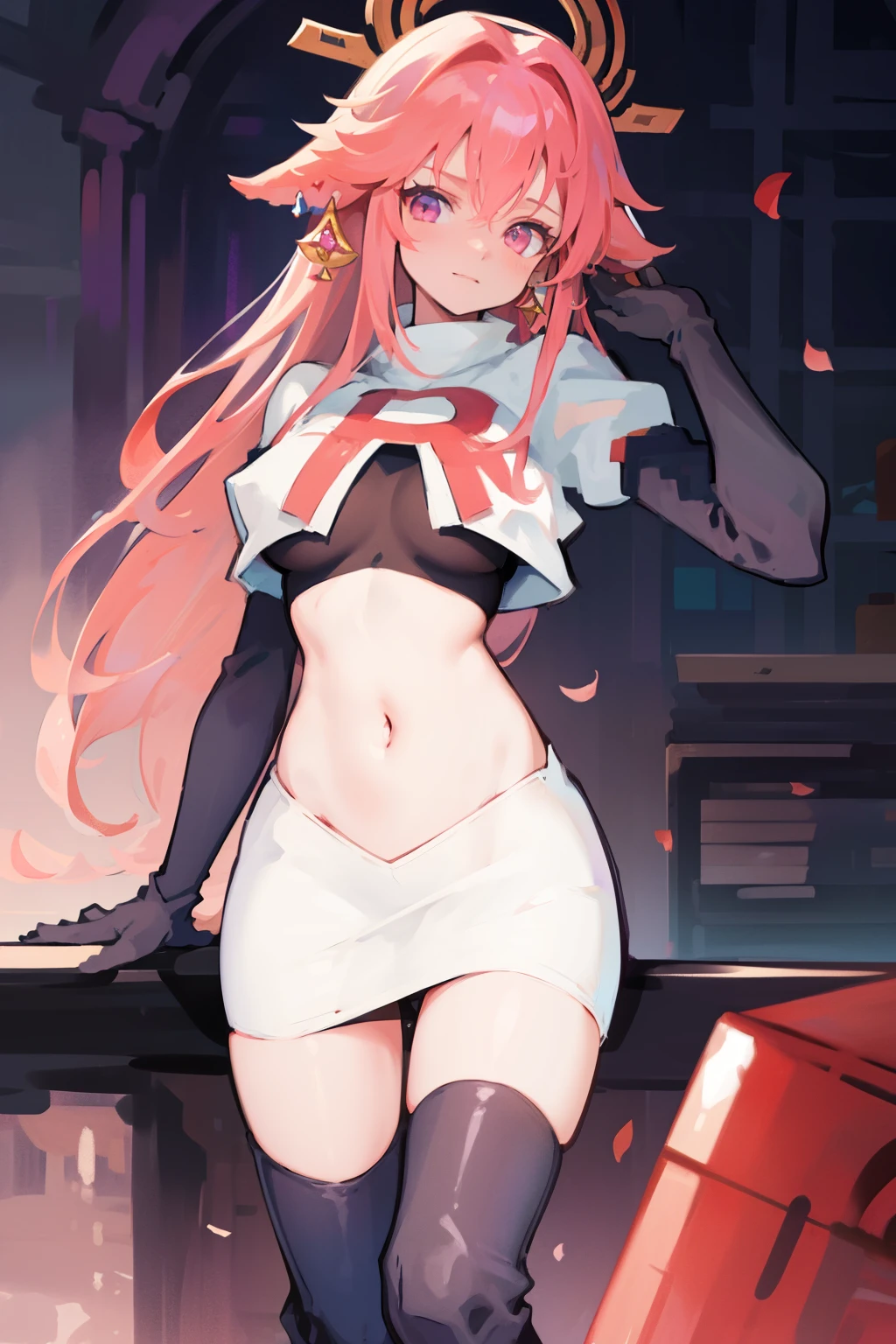 ((masterpiece, best quality)),8k ,Yae miko,1girl, \n/, animal ears, breasts, earrings, flower, fox ears, gem, hair between eyes, hair ornament, jewelry, long hair, medium breasts, miko, pink eyes, pink flower, pink hair, purple gemstone, sidelocks,team rocket,team rocket uniform,white skirt,crop top,black thigh-high boots,black elbow gloves,