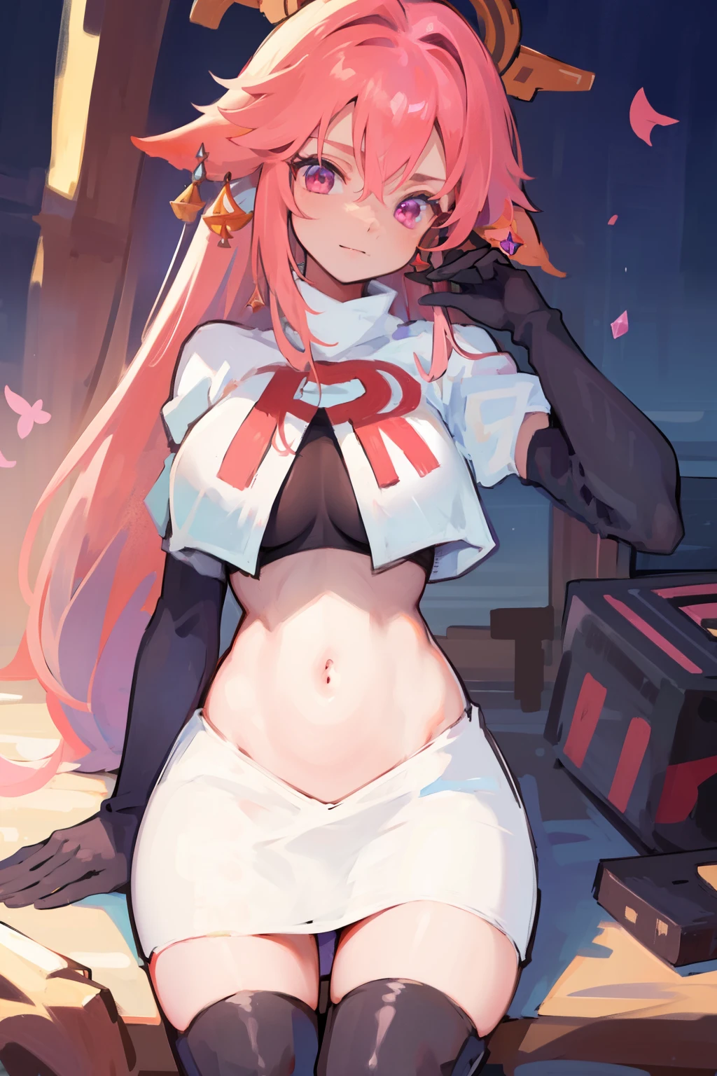 ((masterpiece, best quality)),8k ,Yae miko,1girl, \n/, animal ears, breasts, earrings, flower, fox ears, gem, hair between eyes, hair ornament, jewelry, long hair, medium breasts, miko, pink eyes, pink flower, pink hair, purple gemstone, sidelocks,team rocket,team rocket uniform,white skirt,crop top,black thigh-high boots,black elbow gloves,