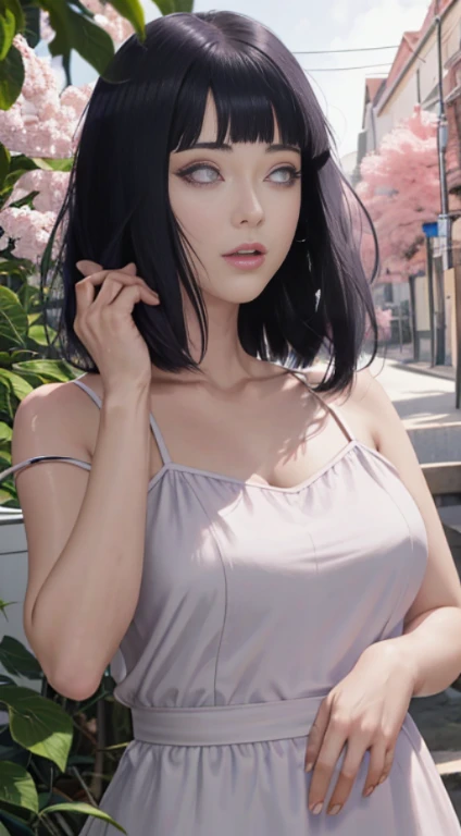 master part, absurdos, hinata hyuga, 1girl, sozinho,Mature female, Spaghetti strap top, saia curta cintura alta, parte superior do corpo, de baixo,  camelo, Calcinha Branca, looking at the petals), perfect composition, circunstanciado lips, peito grande, beautiful face, body propotion, corar, (pink lips), cabelos longos, Purple eyes, olhar suave, super realistic, circunstanciado, Photo Session, rosto e corpo realistas, corpo do detalhe, detalhe dedo, sexual expression, seductiveexpression,