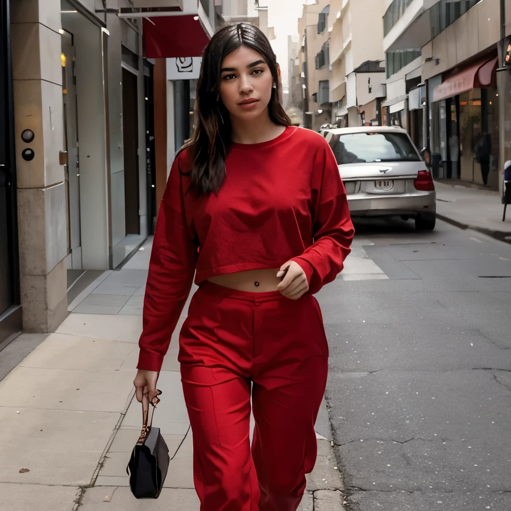 Singer Dua Lipa in a Red shirt and long pants, she is barefoot on her way to the gym
