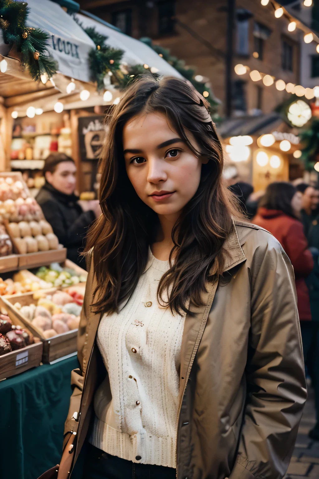 create a realistic imagine of a 20 year old girl , in a christmas market shopping, primitive, Instagram LUT,analogue style, film grain , wearing a jacket