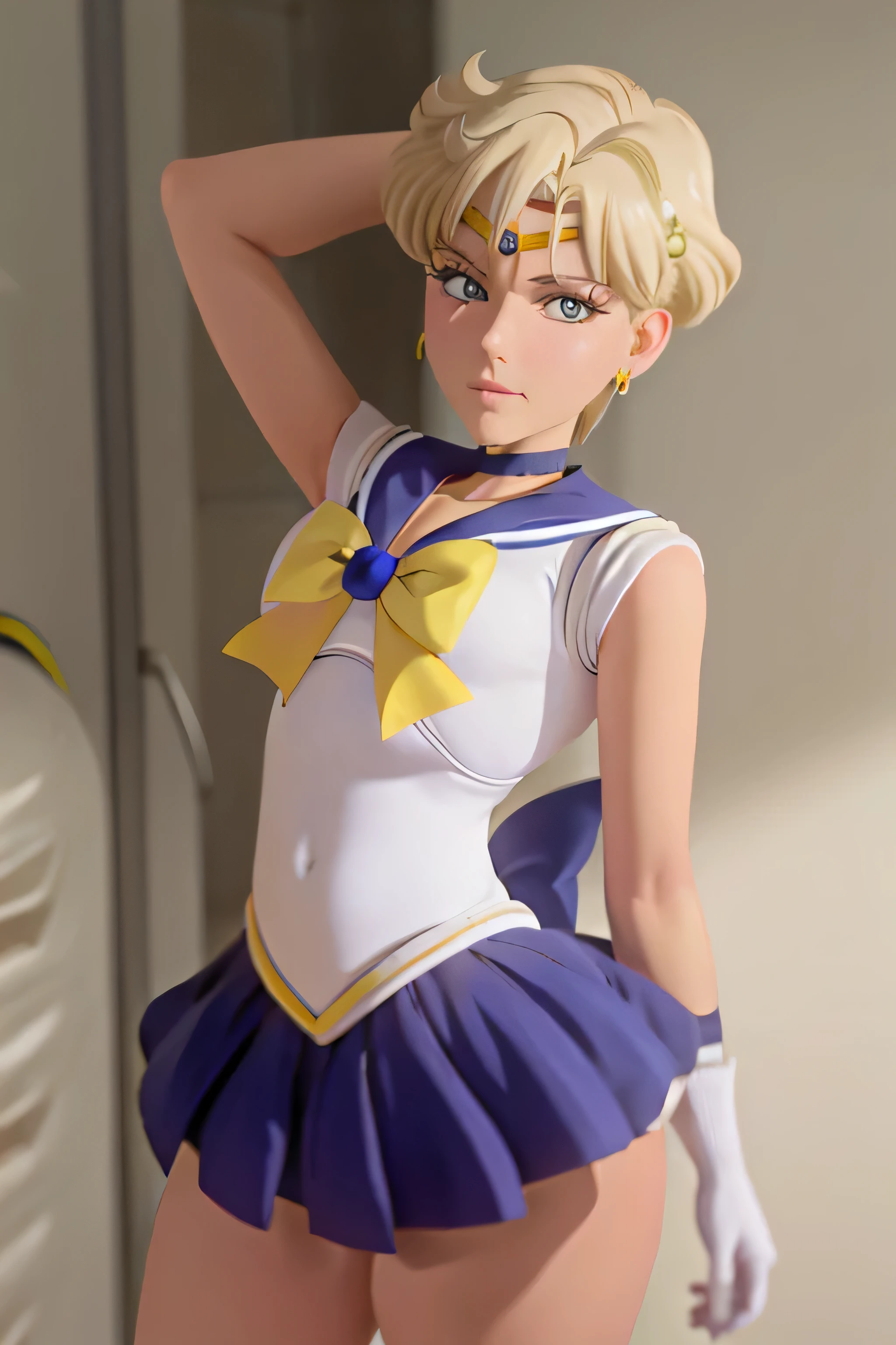(La mejor calidad:1.1), (Obra maestra:1.4), (absurdos:1.0), retrato, primer plano,1girl, Marinero Urano, KizukiAi, Mujer madura, small breasts, aqua eyes, cabello rubio, Uniforme Sailor Senshi, Collar de marinero, arco de pecho, Arco trasero, Falda suplicante, Guantes blancos de codo, big booty, Ultra minifalda , jewely, Pendientes,, en postura de espalda, Show off your loot, Backwards, no thong big booty, Ultra minifalda ( Postura de la espalda, Backwards, Show off your loot)