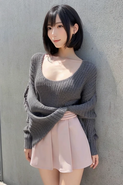 A Japanese Lady, 24 years old, Slender figure, Small breasts, very thin waist, Beautiful face, beautidful eyes, Black short hair, She is wearing a tight, short gray knit dress with an open back design., I'm looking at you kindly, 1girl in, Solo, Detailed face and eyes, small fingers and arms. Full body photo. Realistic, Photorealistic.opening legs,riding,kindergarten teacher