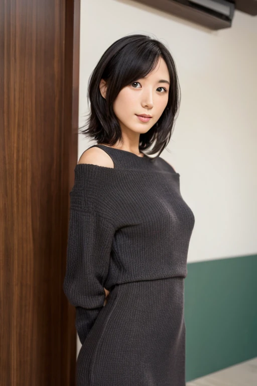 A Japanese Lady, 24 years old, Slender figure, Small breasts, very thin waist, Beautiful face, beautidful eyes, Black short hair, She is wearing a tight, short gray knit dress with an open back design., I&#39;m looking at you kindly, 1girl in, Solo, Detailed face and eyes, small fingers and arms. Full body photo. Realistic, Photorealistic.opening legs,riding,kindergarten teacher