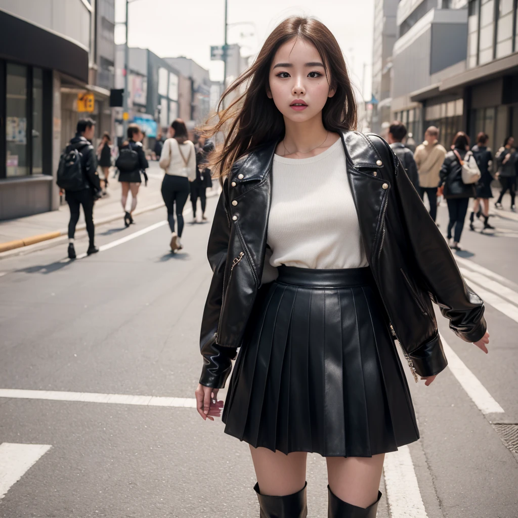 photo Realistic, masutepiece, Realistic, High contrast, hyper Detailed, Best Quality, 超A high resolution, photo Realistic, High resolution, Crying girl、Large tears、Tears running down my cheeks、Girl Standing On The Street、Detailed, Raw photo, Japanese Junior High School Girl, Long hair, Black leather jacket, Long sleeves, Black micro mini skirt, Pleated skirt, Skirt with slit、Black knee-high boots、(((full-shot))), Street, Looking at Viewer, Busy city, Looking at Viewer, japanaese girl,