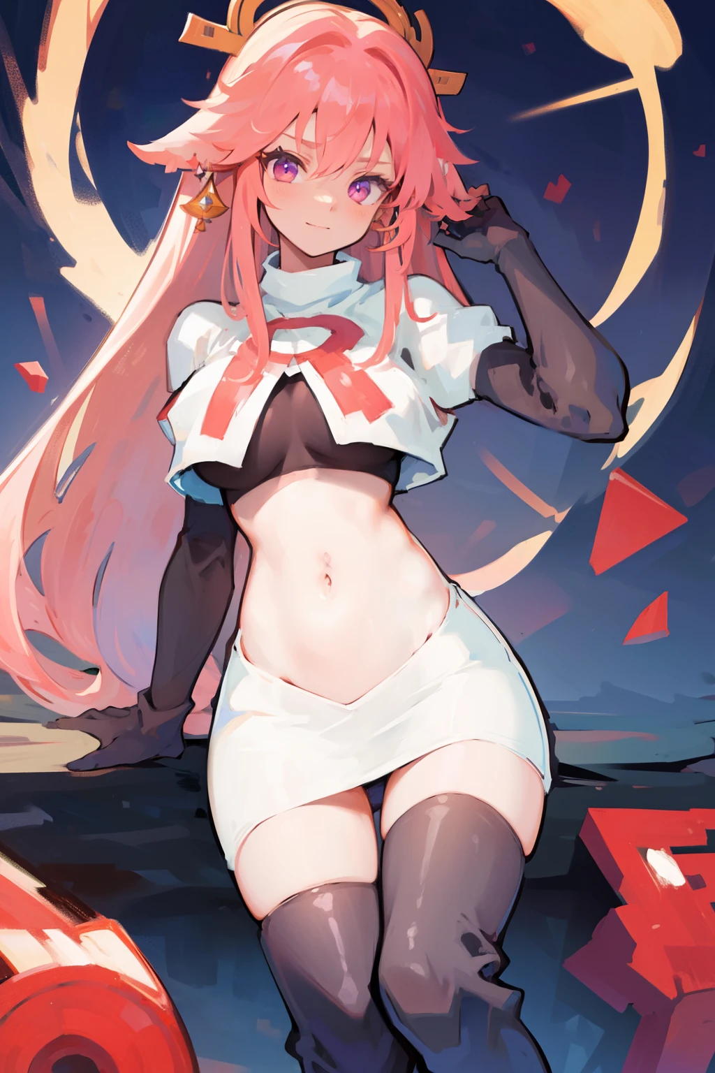 ((masterpiece, best quality)),8k ,Yae miko,1girl, \n/, animal ears, breasts, earrings, flower, fox ears, gem, hair between eyes, hair ornament, jewelry, long hair, medium breasts, miko, pink eyes, pink flower, pink hair, purple gemstone, sidelocks,team rocket,team rocket uniform,white skirt,crop top,black thigh-high boots,black elbow gloves,