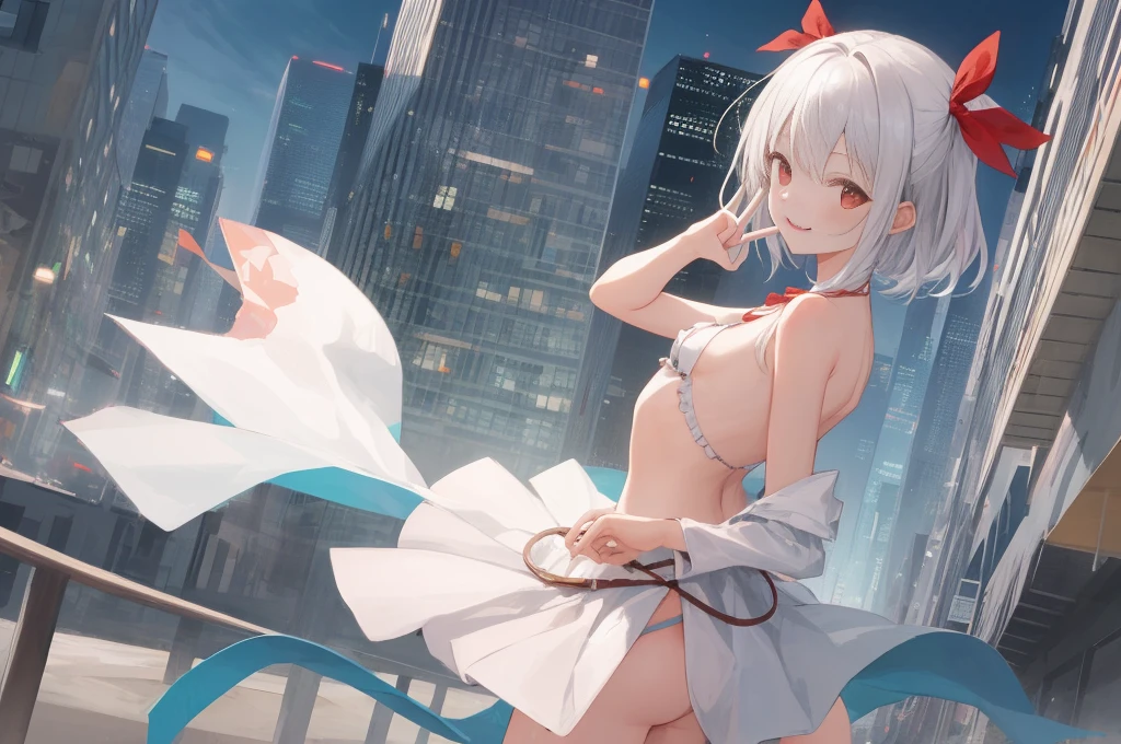 masterpiece, best quality,1girl, solo, bangs, left hair ribbon, (small breasts:1.4), red eyes, short hair, smile, solo, white hair, (Strapless:1.1), (off-the-shoulder:1.1), (cowboy shot:1.2),  city, (uniform:1.2), (partially_unbuttoned:1.1), (Externally expanded Chest:1.2), skirt, (bent over:1.2), SFW, Female Full body standing straight symmetrical, looking to the viewer, hands on hips, peace sign,