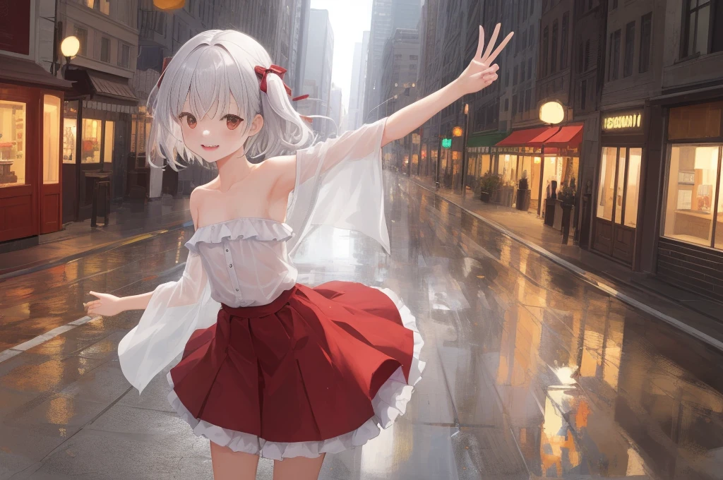 masterpiece, best quality,1girl, solo, bangs, left hair ribbon, (small breasts:1.4), red eyes, short hair, smile, solo, white hair, (Strapless:1.1), (off-the-shoulder:1.1), (cowboy shot:1.2), city, (uniform:1.2), (partially_unbuttoned:1.1), (Externally expanded Chest:1.2), skirt, (bent over:1.2), SFW, Female Full body standing straight symmetrical, looking to the viewer, hands on hips, peace sign,