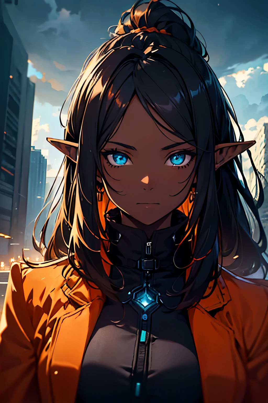 masterpiece, best quality, ((girl)), (colorful),(finely detailed beautiful eyes and detailed face),cinematic lighting,extremely detailed CG unity 8k wallpaper, sky, cloudy_sky, building, (dark theme:1.3), light, fantasy, Elf Ears, Black hair and blue eyes, ((Orange overcoat)) 16 Years, Dark Skin, Torso and face