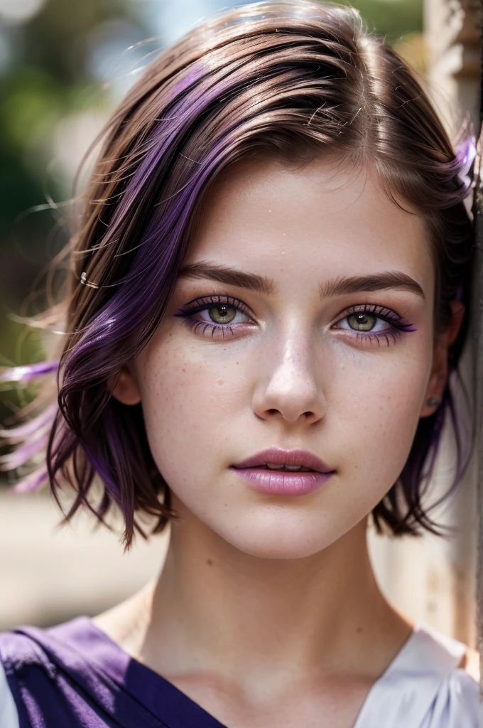 ((Best quality)), ((Ultra Resolution)), ((photorealistic)), (Intricate details), 19 years old, violet hair, Perfect face, makeup: 1.5, Light on the face, Detail of the face, naked, short hair, brunette