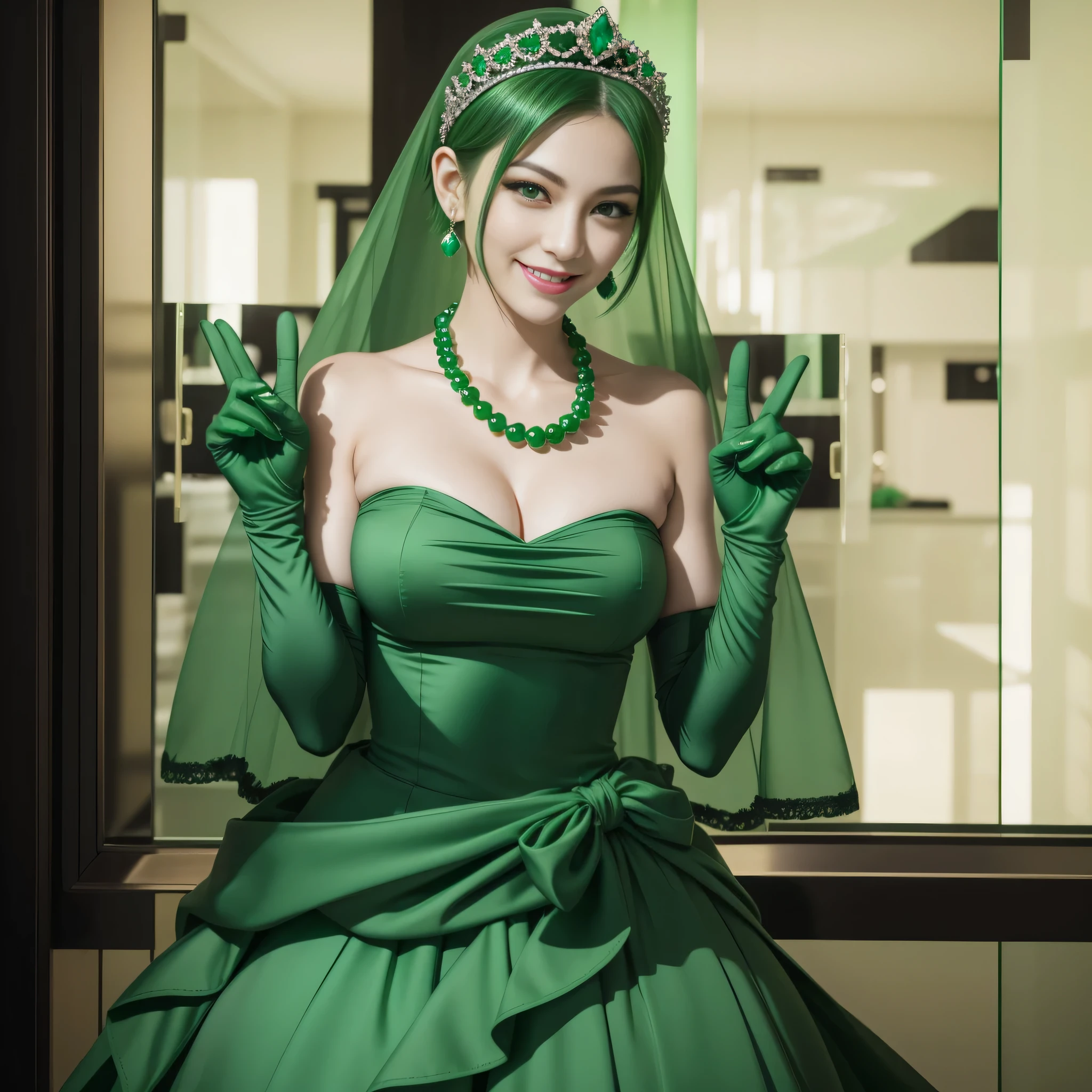 emerald tiara, Green Pearl Necklace, Boyish very short green hair, lipsticks, Japan woman smiling, very short short hair, big breasts beautiful, Green eyes, Long green gloves made of satin material, Green eyes, 両手でv sign, Emerald Earrings, Green hair, v sign, Detailed Five Fingers