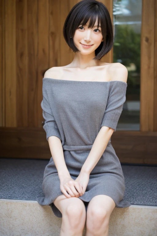 A Japanese Lady, 24 years old, Slender figure, Small breasts, very thin waist, Beautiful face, beautidful eyes, Black short hair, She is wearing a tight, short gray knit dress with an open back design.,1girl in, Detailed face and eyes, small fingers and arms.opening legs,riding,