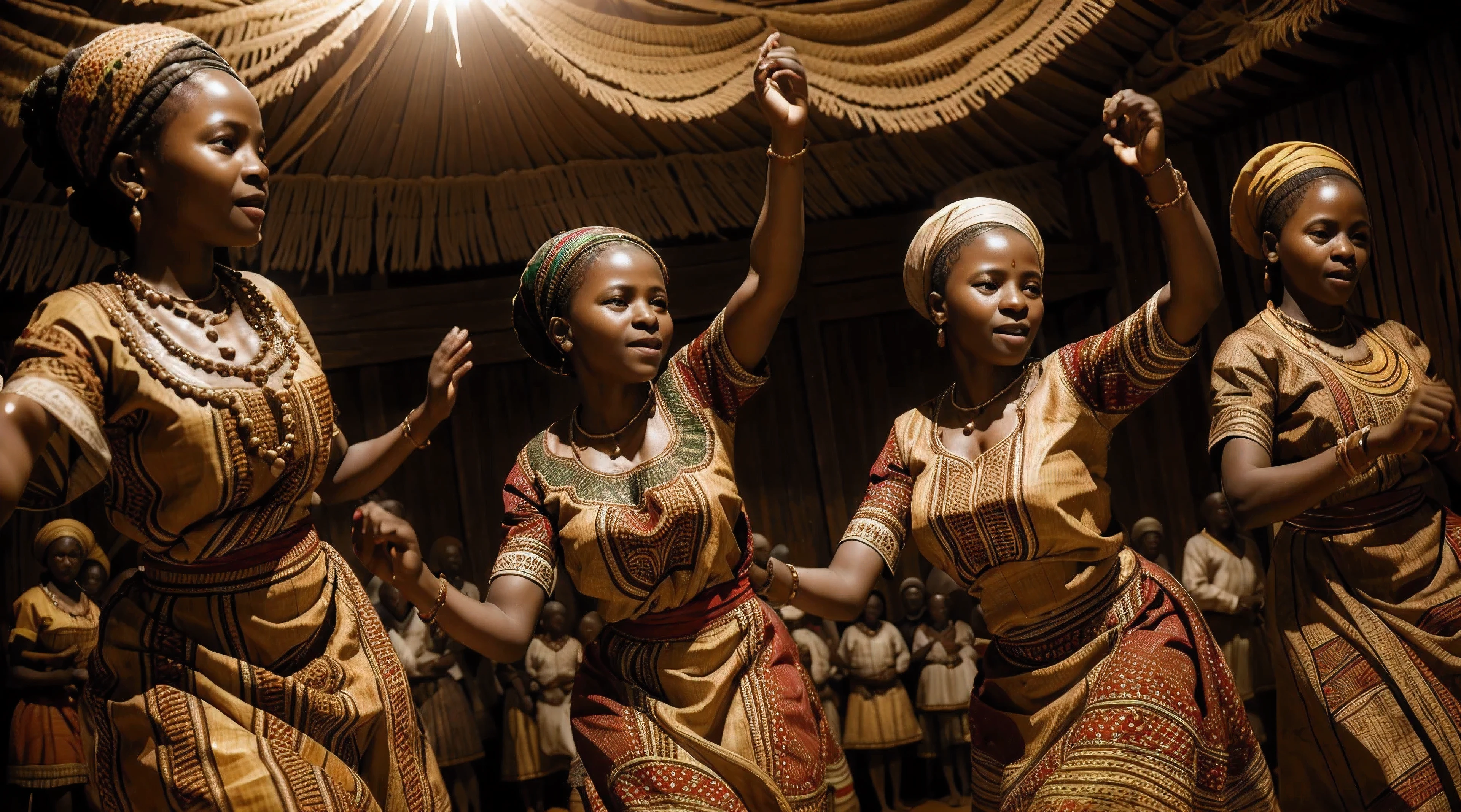 Ultra-realistic photograph of African Villagers dancing in communion, they are wearing Traditional attire with beautiful patterns. Cinematic lighting, perfect textures, realistic face quality