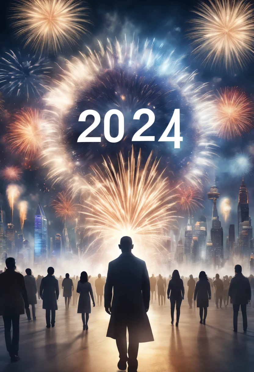 2024 new year poster,Transparent avatar,New Year's Eve Fireworks 2024,(multiple exposure:1.8)2024 New Year's Eve Vision Poster,Intricate poster for the year 2024 in surreal art style,2024 surreal dream new year poster,2024 surreal sci-fi new year dream poster