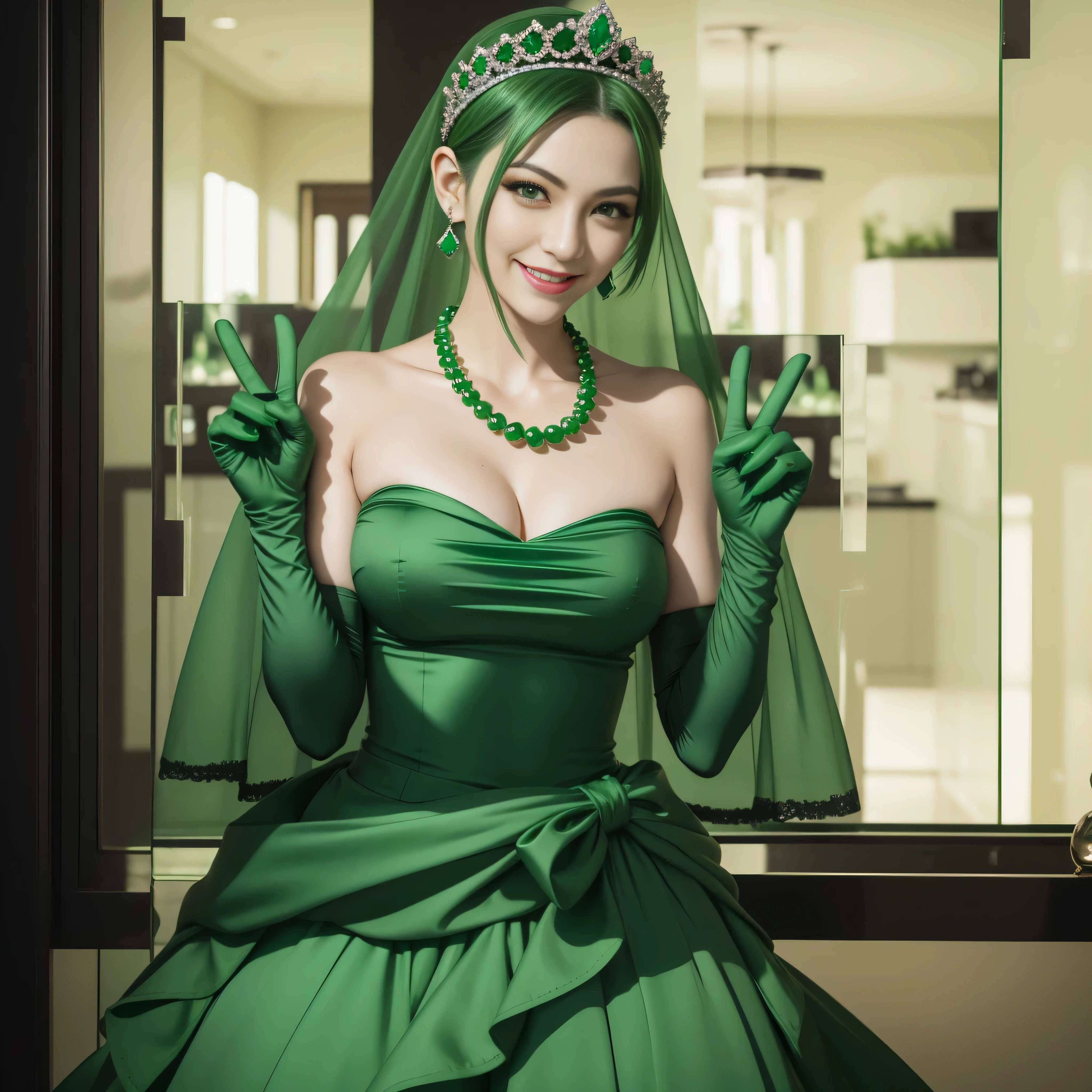 emerald tiara, Green Pearl Necklace, Boyish very short green hair, lipsticks, Japan woman smiling, very short short hair, big breasts beautiful, Green eyes, Long green gloves made of satin material, Green eyes, 両手でv sign, Emerald Earrings, Green hair, v sign, Detailed Five Fingers