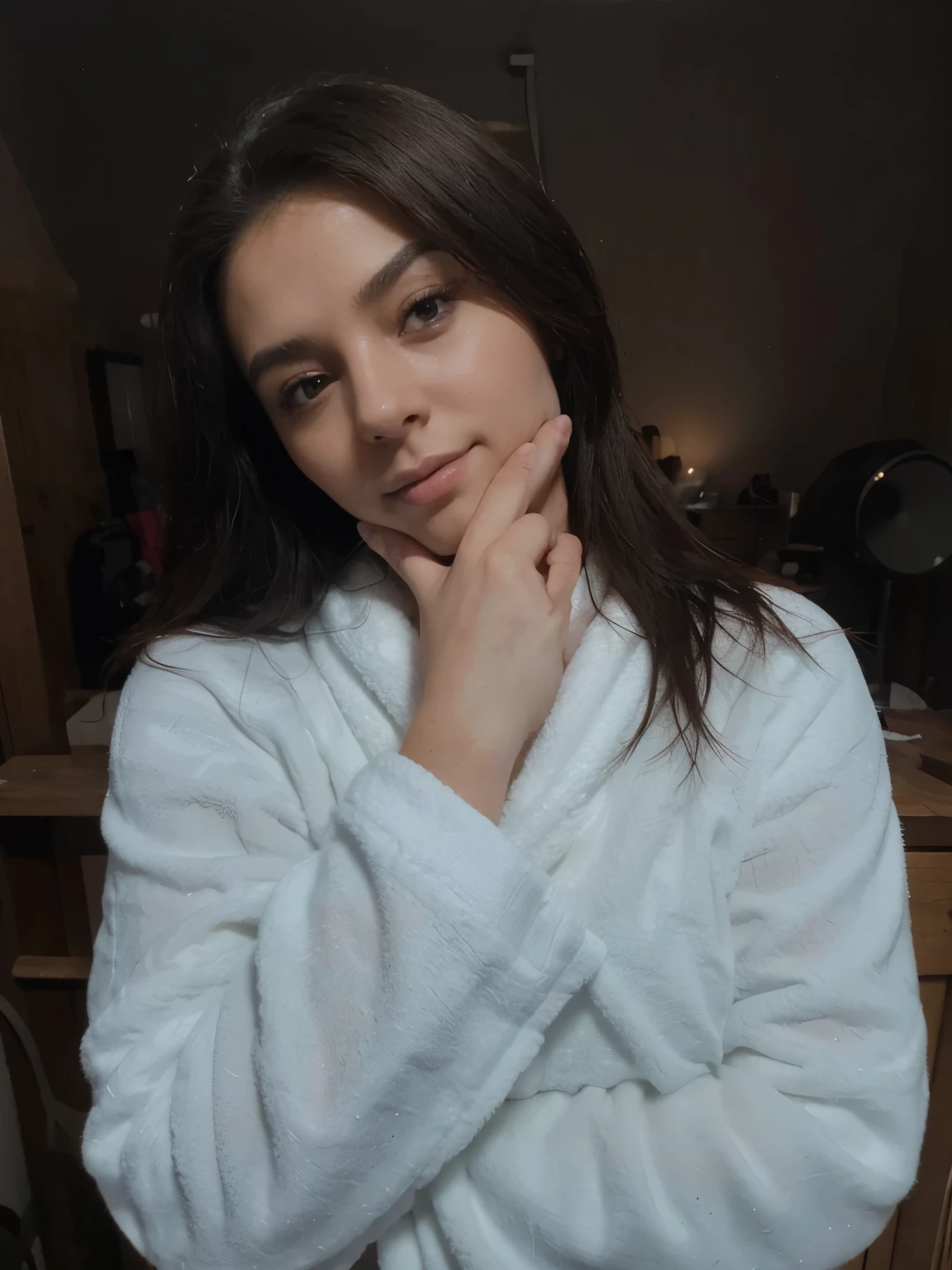 Portrait of a curvy girl in a towel, peito enorme, usando uma toalha, vestindo uma regata, rechonchudo, encostado na parede vermelha, cabelos secos, imagem de alta qualidade, master part, textura detalhada do cabelo, Textura detalhada da pele, textura de pano detalhada, 8k, Adicionar detalhes da malha, ultra Textura detalhada da pele, foto ultra detalhada, skin pores, detalhes do pano, altos detalhes da pele, detalhes realistas do cabelo