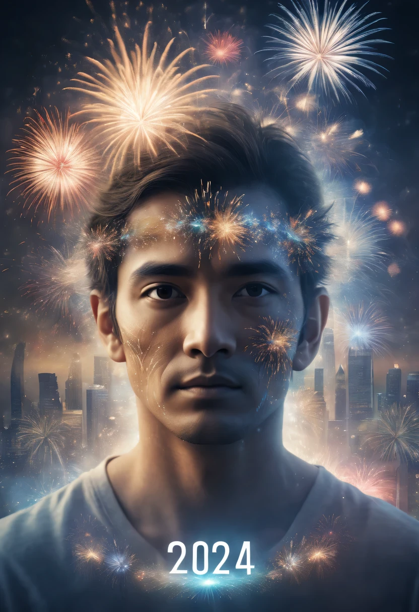 2024 new year poster,Transparent avatar,New Year's Eve Fireworks 2024,(multiple exposure:1.8)2024 New Year's Eve Vision Poster,Intricate poster for the year 2024 in surreal art style,2024 surreal dream new year poster,2024 surreal sci-fi new year dream poster
