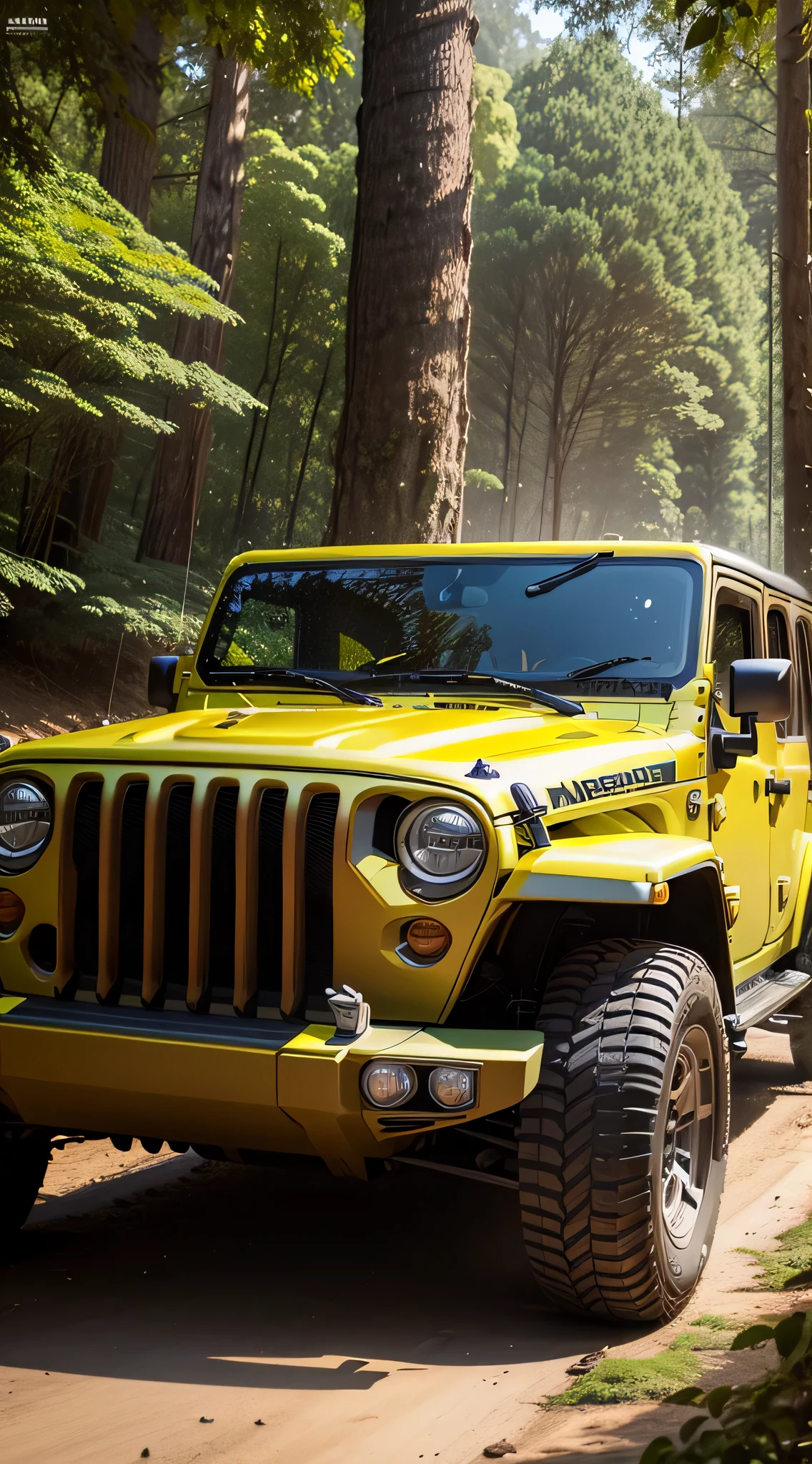 Carro jeep Amarelo na floresta parado de frente