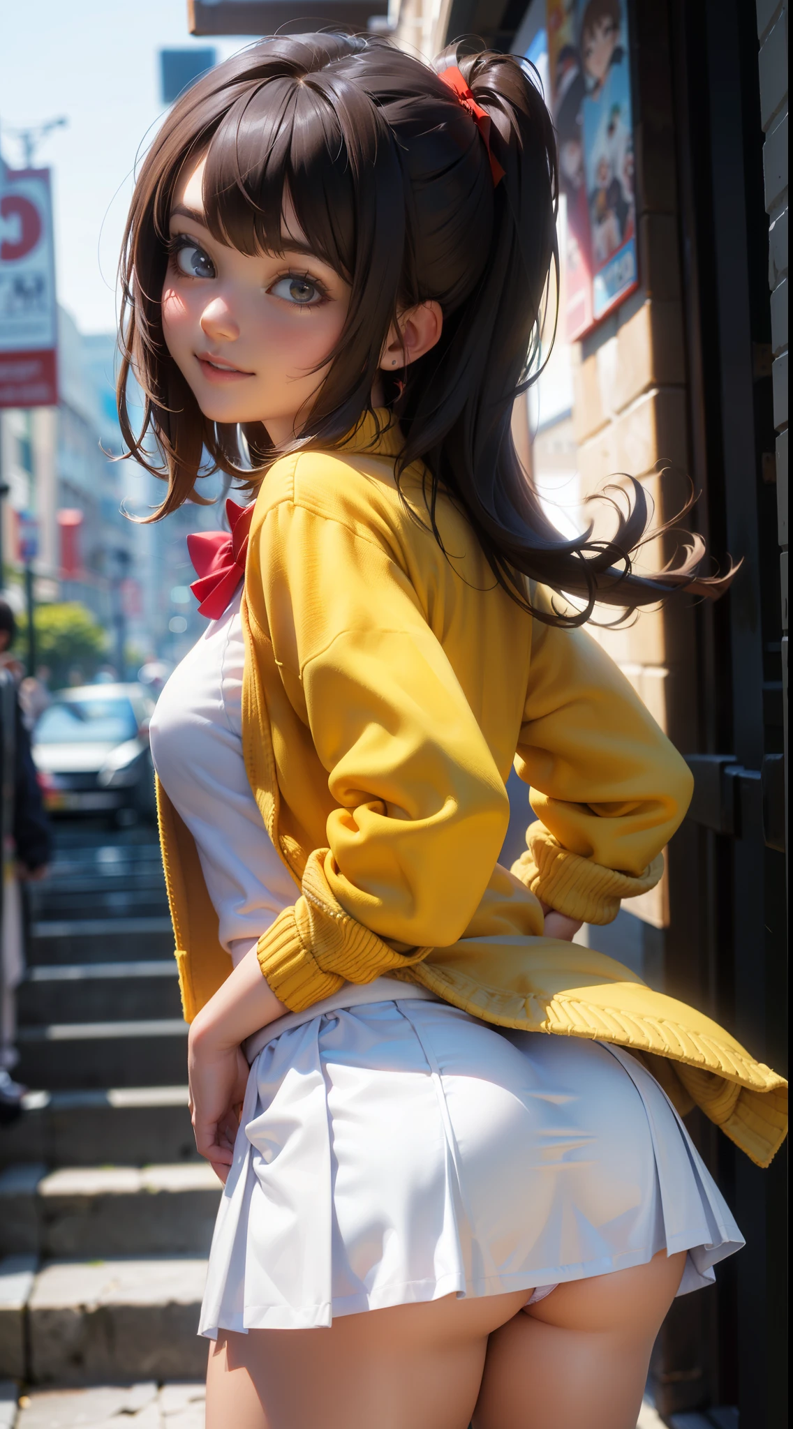 ((Masutepiece, La mejor calidad, high resolusion, NFFSW, pixel perfect,  4k, NFFSW, NFFSW))), 1chica en, soltero, solamente, Belleza、cuerpo completo visto、 ((Cabello Ondulado Medio, flequillo, brown hair)), ((ojos marrones, beautiful eyelashes, ojos realistas)), ((Cara detallada, ruboroso:1.2)), ((textura suave:0.75, Textura realista:0.65, fotorrealista:1.1, estilo CG de anime)), senos medianos, Dynamic Angle, cuerpo perfecto,  ((red bowtie, Uniforme escolar, chaqueta orange, Chaqueta abierta, brown cardigan, Camisa blanca, falda negra, faldas a cuadros)), escalera de la ciudad、Mirando hacia arriba desde el pie de las escaleras.、Very embarrassing panic smile., Dio la vuelta、Inclinarse fuertemente hacia adelante、(The wind blew up my skirt and exposed my butt...............................、Tocarse las nalgas con ambas manos、abre las piernas、Braguita de encaje floral rosa claro)、(mostrando panties White:1.4 ),  (miniskirt rosado transparente plastic:1.4),(cabello rojo largo:1.4)