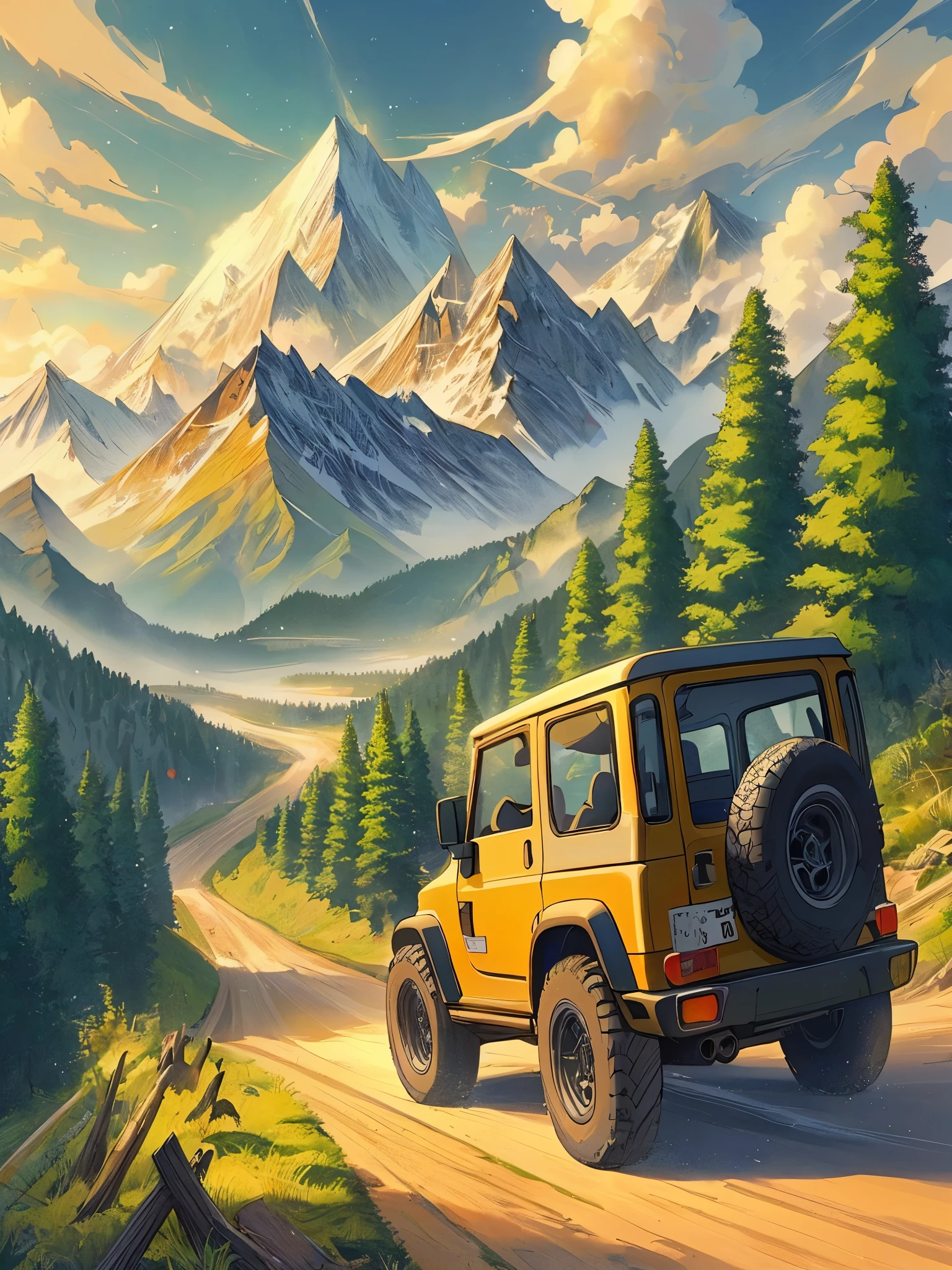 Draw anime art aerial scene of Kinetic yellow Jimny offroading in Himalayas, Himalayan range, pine forest, beautiful sky, natural colors, masterpiece, peaceful scene, no one,
