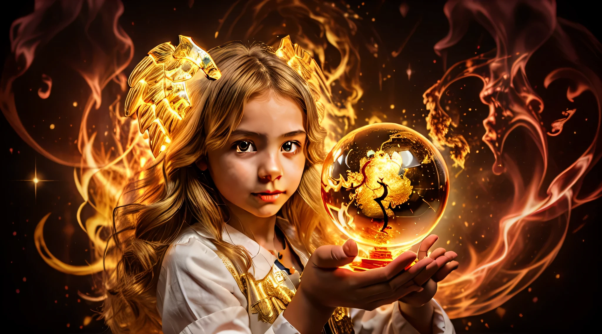 BLONDE CHILDREN GOLDEN ANGEL GIRL with a flaming crystal ball in her hand. fundo vermelho