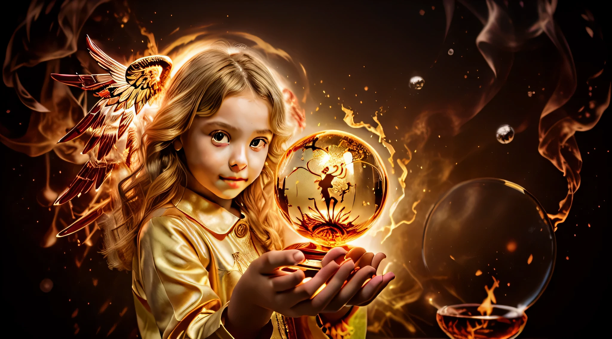 BLONDE CHILDREN GOLDEN ANGEL GIRL with a flaming crystal ball in her hand. fundo vermelho