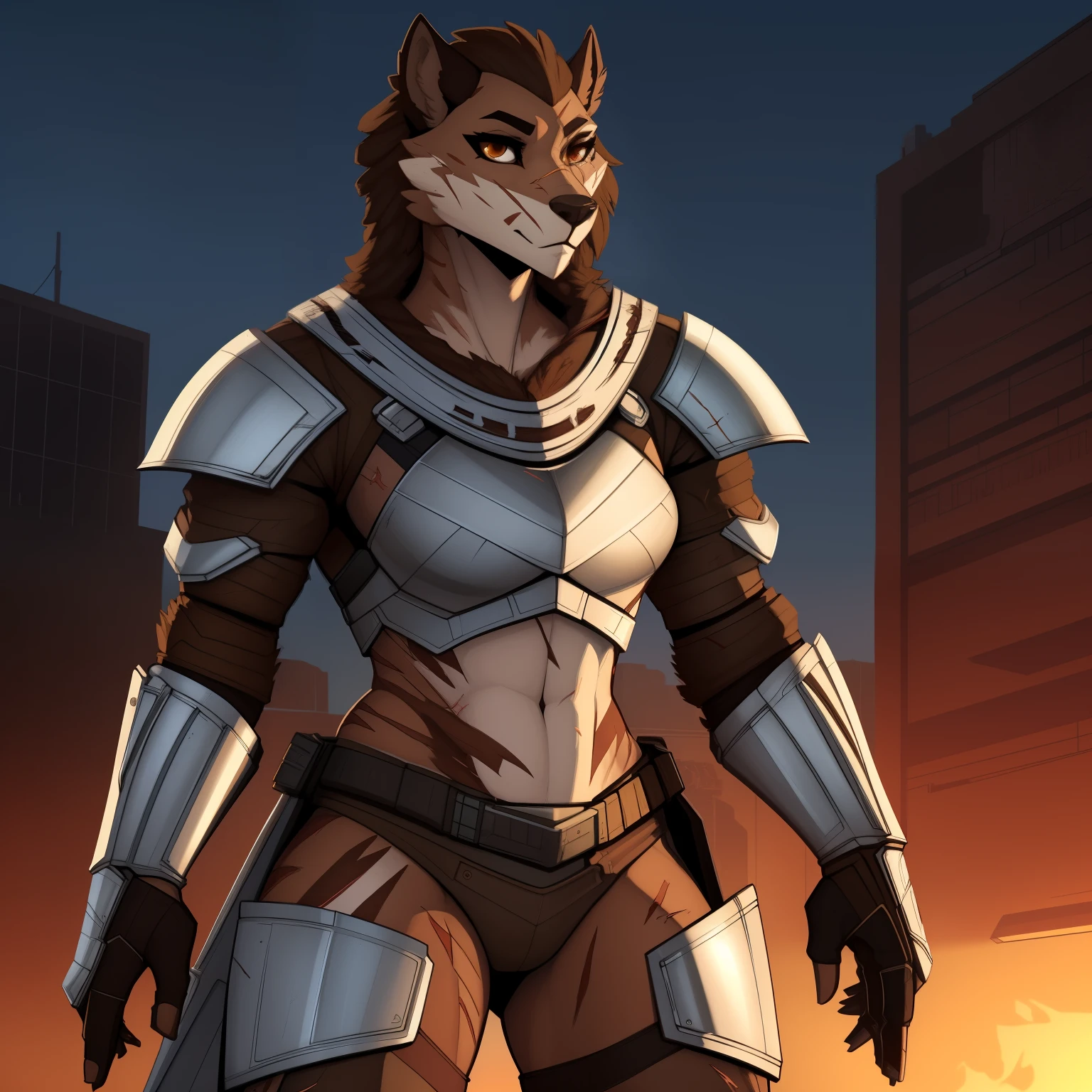 Tall_lanky_gnoll female brown_multitoned_furry_body brown_eyes very_fluffy scars steel_armor solo Masterpiece best_quality absurdres highly_detailed cleanly_drawn_eyes anthro_only by_claweddrip, by_greasymojo, by_underscore-b, by_runawaystride