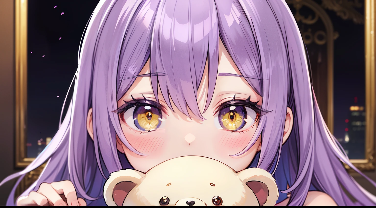 (masutepiece, Best Quality), Intricate details, 8K, Sharp focus quality) (Detailed skin:1.3) (Intricate details) (8K) (Detailed eyes) (Anime) Man's character, Soft hair, (Hair to the shoulders),Medium Hair、 (Purple hair), ((Yellow eyes)), アニメのMan's子, 素敵なMan's子, (Perfect face), Detailed eyes, Bold background, Detailed accessories, Man's,Close your mouth and smile、 A young man, Idol, dark color, pale skin, , Defined features, Gothic, Symbolism,Dark room, Cluttered room, Indoors, Detailed background,Hugging a white teddy bear、 Bold colors, bold outline, Sharp face, Nighttime, Night, Handsome, sleepy, Tired, drooing eyes