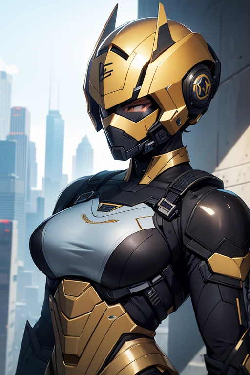 Emily uses Titan as a prototype for a new female military bot, incorporating different designs and appearances to  its capabilities. She keeps Titan's face obscured in the uniform designs, creating a sense of anonymity and detachment from her human form. Titan Model 005 - This design is the most advanced and powerful, with a mix of metallic and synthetic plating in a gold and white color scheme. It has enhanced strength, speed, and agility, making it the ultimate soldier. The face is completely obscured, with a metallic helmet covering the entire head.