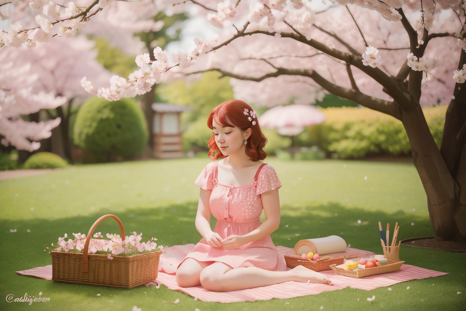 Backyard Picnic Under the Cherry Blossoms: Craft an image featuring a young woman in her twenties, with auburn curls and a polka-dotted sundress. She enjoys a solitary picnic beneath a canopy of cherry blossoms in a meticulously arranged backyard. Use Anderson's iconic color palette to infuse the scene with a sense of whimsy and nostalgia.