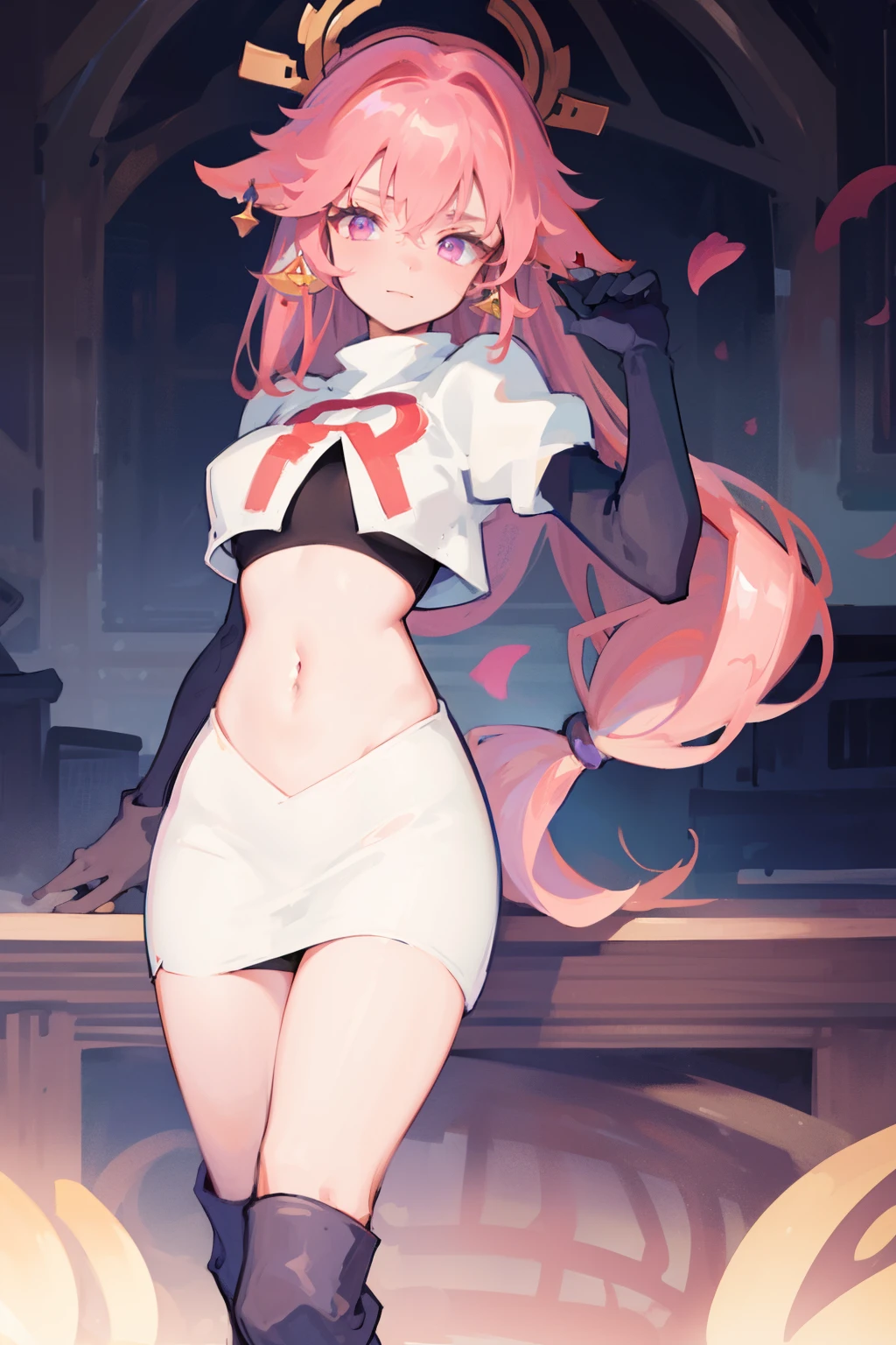 ((masterpiece, best quality)),8k ,Yae miko,1girl, \n/, animal ears, breasts, earrings, flower, fox ears, gem, hair between eyes, hair ornament, jewelry, long hair, medium breasts, miko, pink eyes, pink flower, pink hair, purple gemstone, sidelocks,team rocket,team rocket uniform,white skirt,crop top,black thigh-high boots,black elbow gloves,