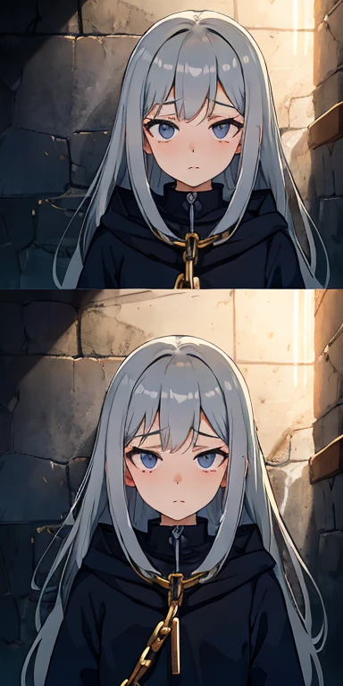 actual, external, 1 wall, wide angles,1 sister, Long gray hair, the shy, embarressed, face flushed, wide angles, Perspectives, from the above, Eternal, Shackles around his neck, Neck chained to the wall, (the good, ), llight rays, Glow, (tmasterpiece), Wallpapers